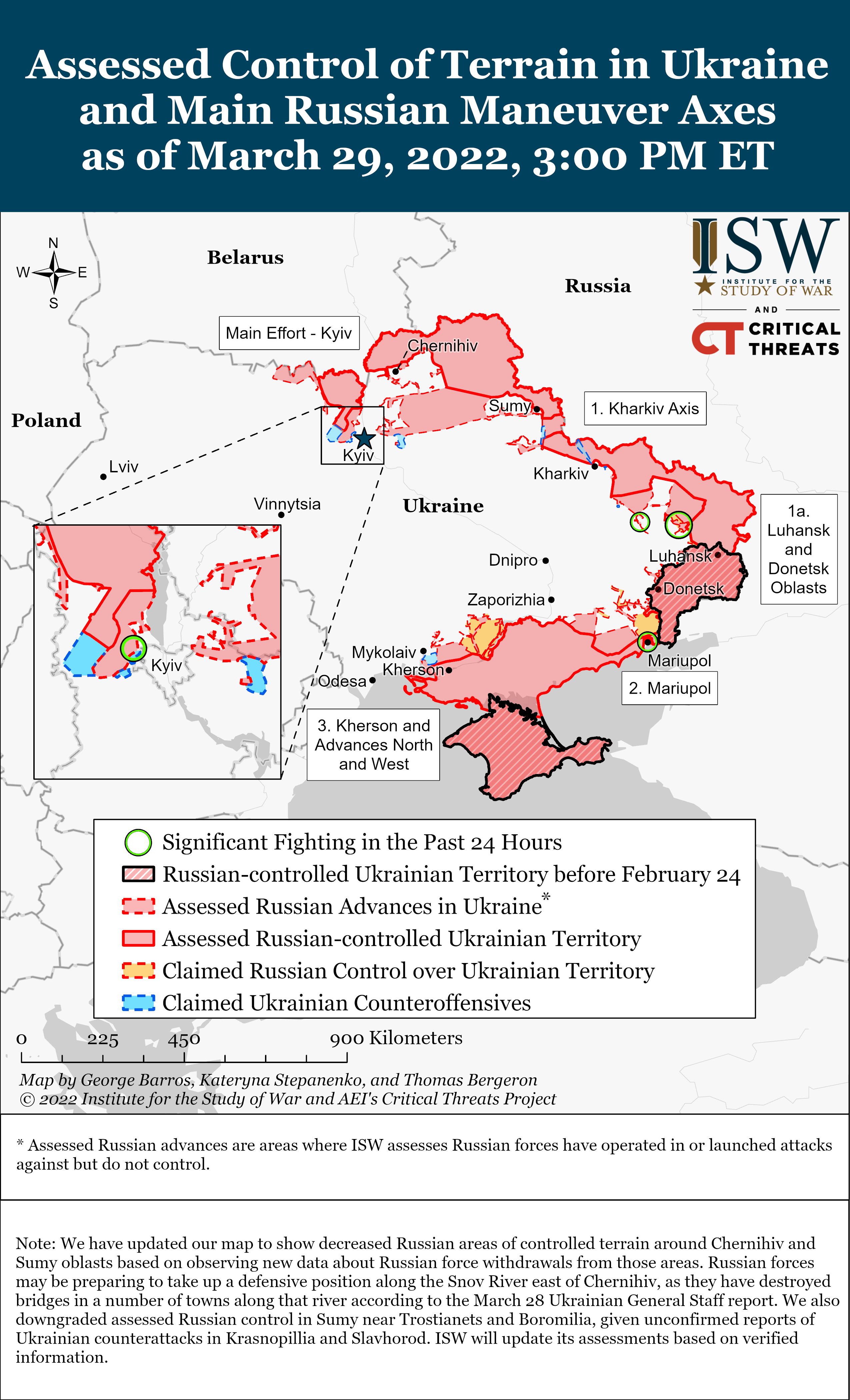 Assessed Control of Terrain in Ukraine and Main Russian Maneuver Axes as of March 29, 2022, 3:00 PM ET