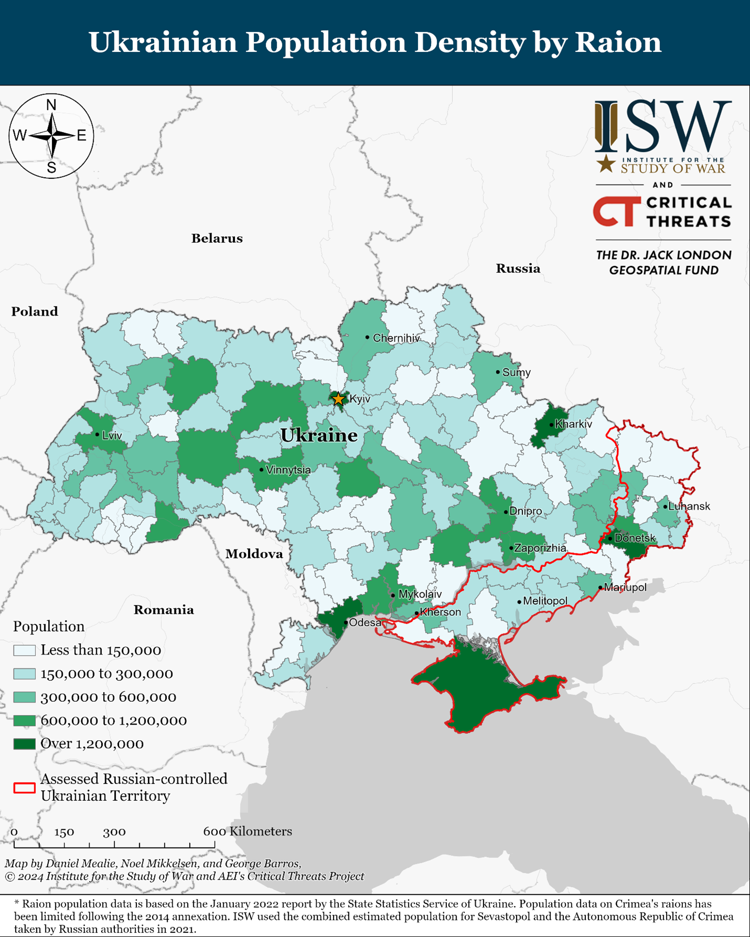 map showing the population density by raion in ukraine, including assessed russian-controlled ukrainian territory.