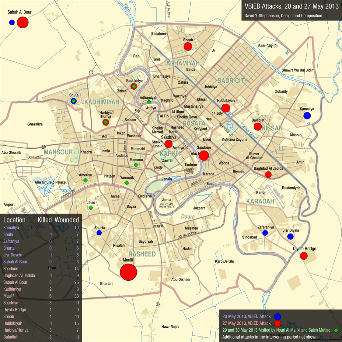 map showing vbied attacks with locations, and casualties.
