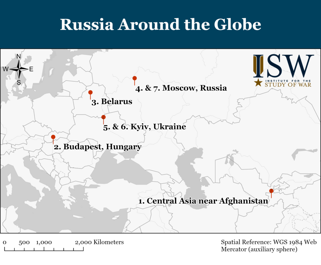 a map showing various locations highlighted with markers, identifying places like moscow, kyiv, and others in the context of russia's global presence.