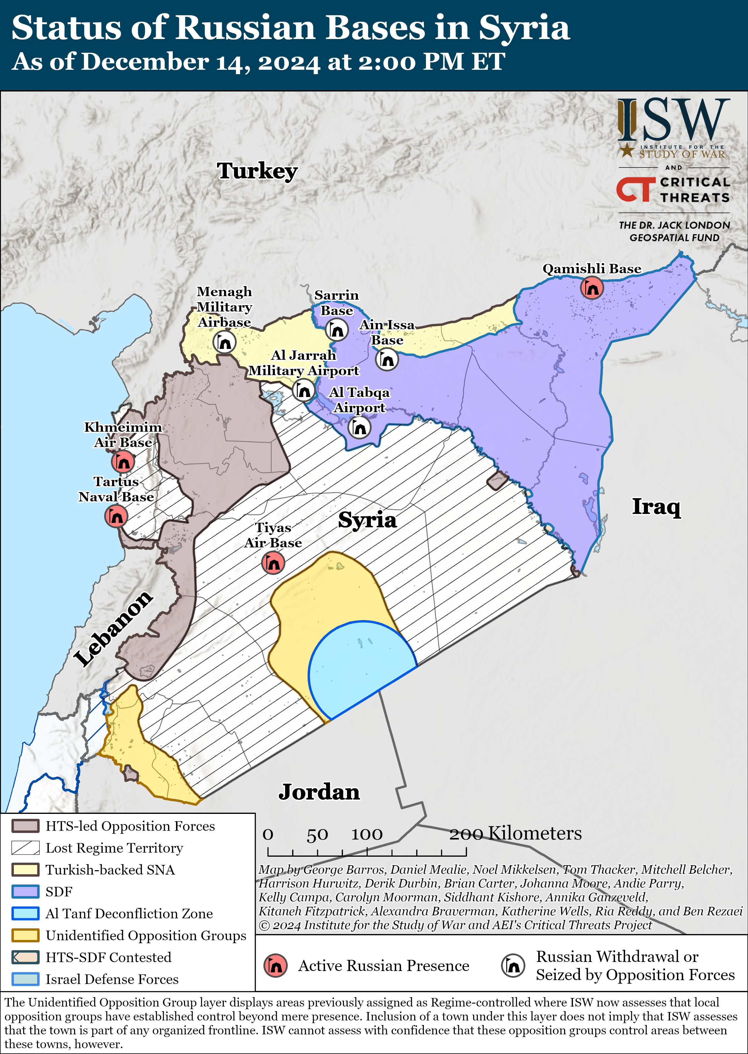 map showing the status of russian military bases and zones of control in syria as of december 14, 2024, featuring various forces' territories.