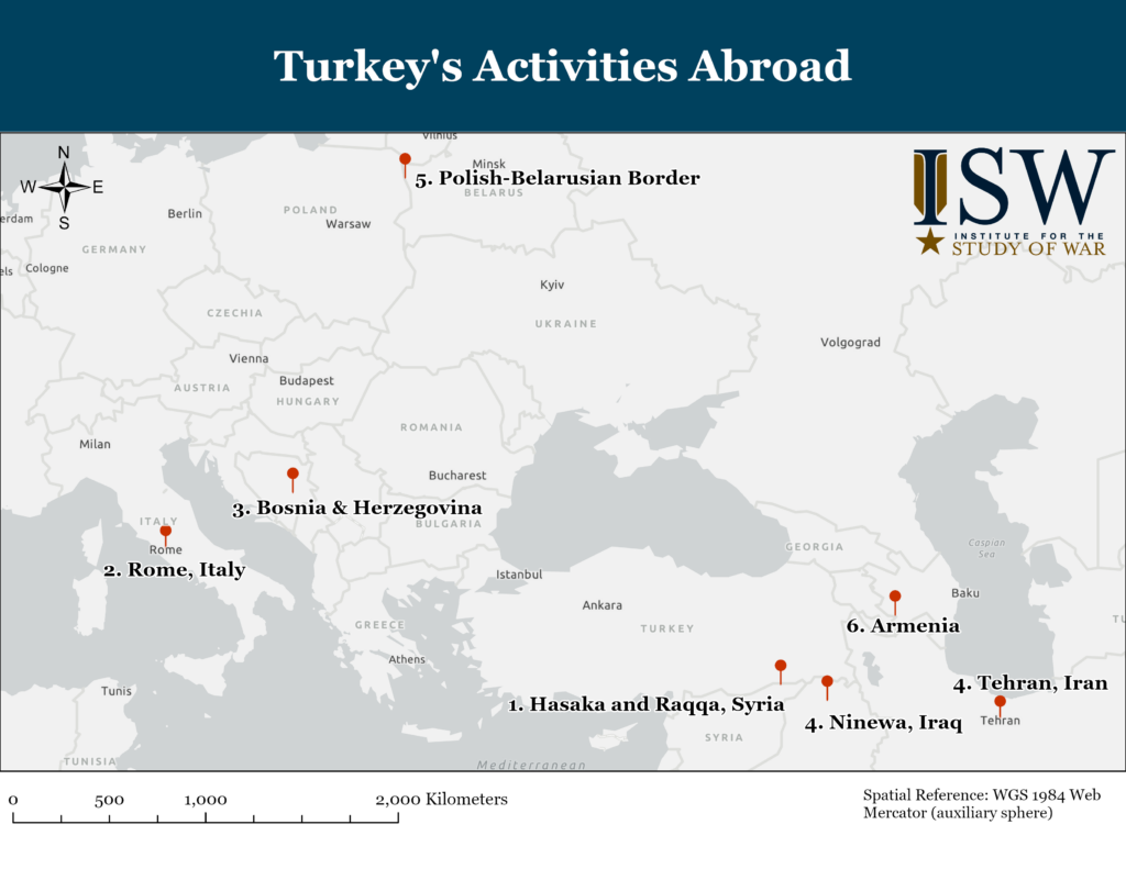 a map illustrating various locations of turkish activities abroad.