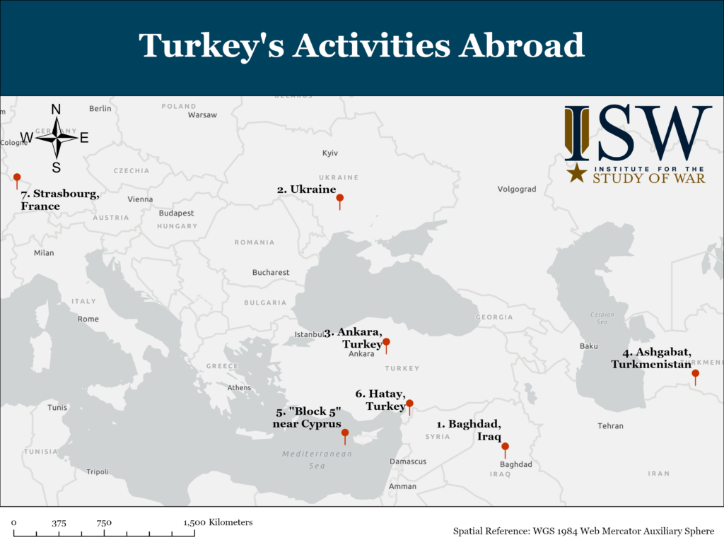 map highlighting various locations related to turkey's activities abroad.