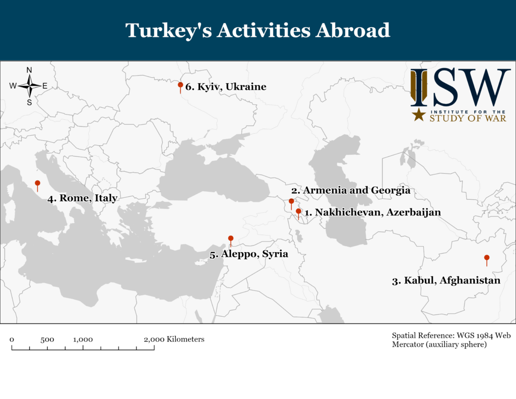 a map showing various international locations related to turkey's activities abroad.