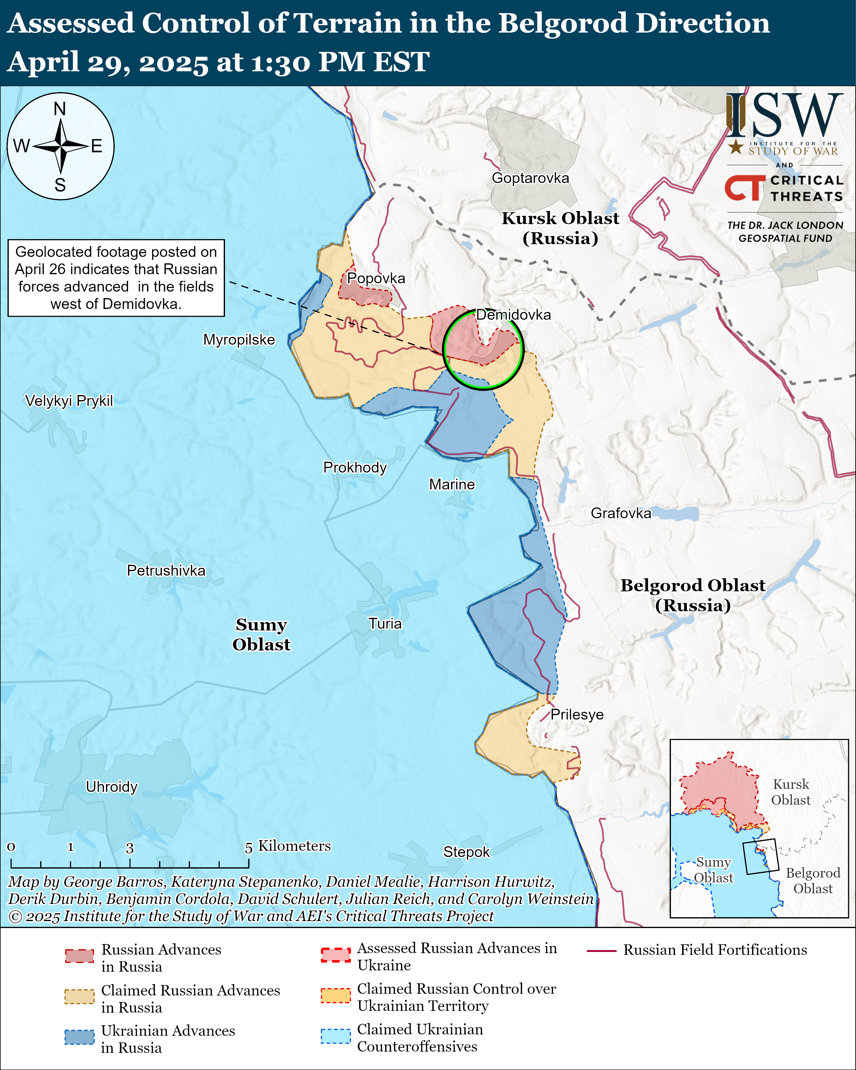 map showing control of terrain in the belgorod direction with various territorial claims and advancements.