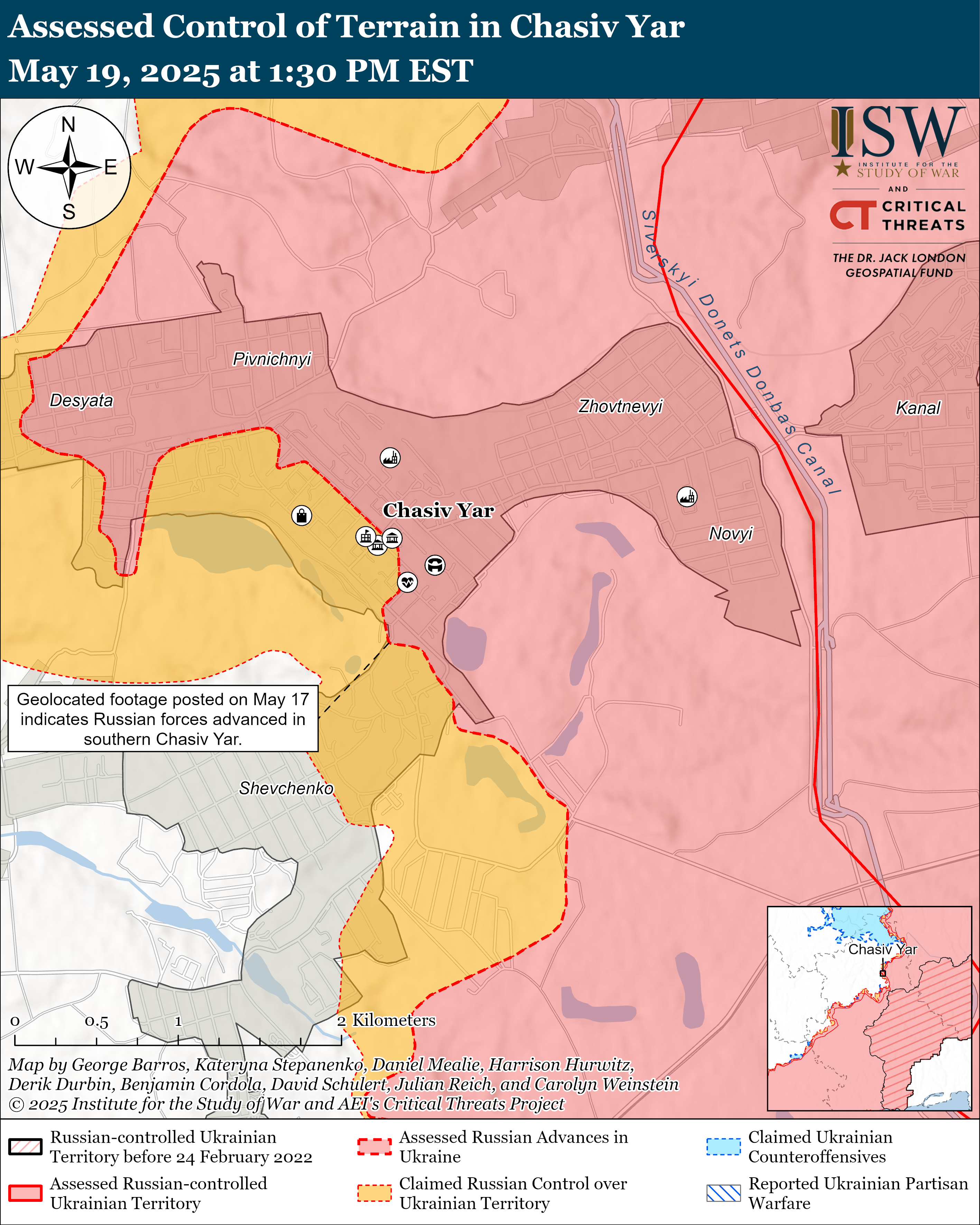 map showing assessed control of terrain in chasiv yar with indicators for russian-controlled and ukrainian territories.