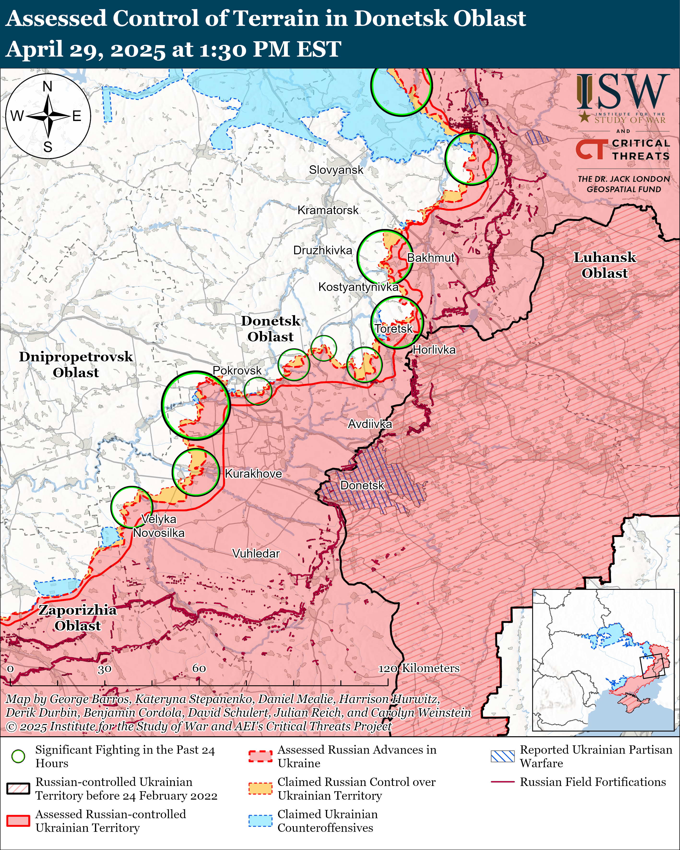 map depicting the control of terrain in donetsk oblast with various markings for significant fighting, russian and ukrainian movements, and fortifications.