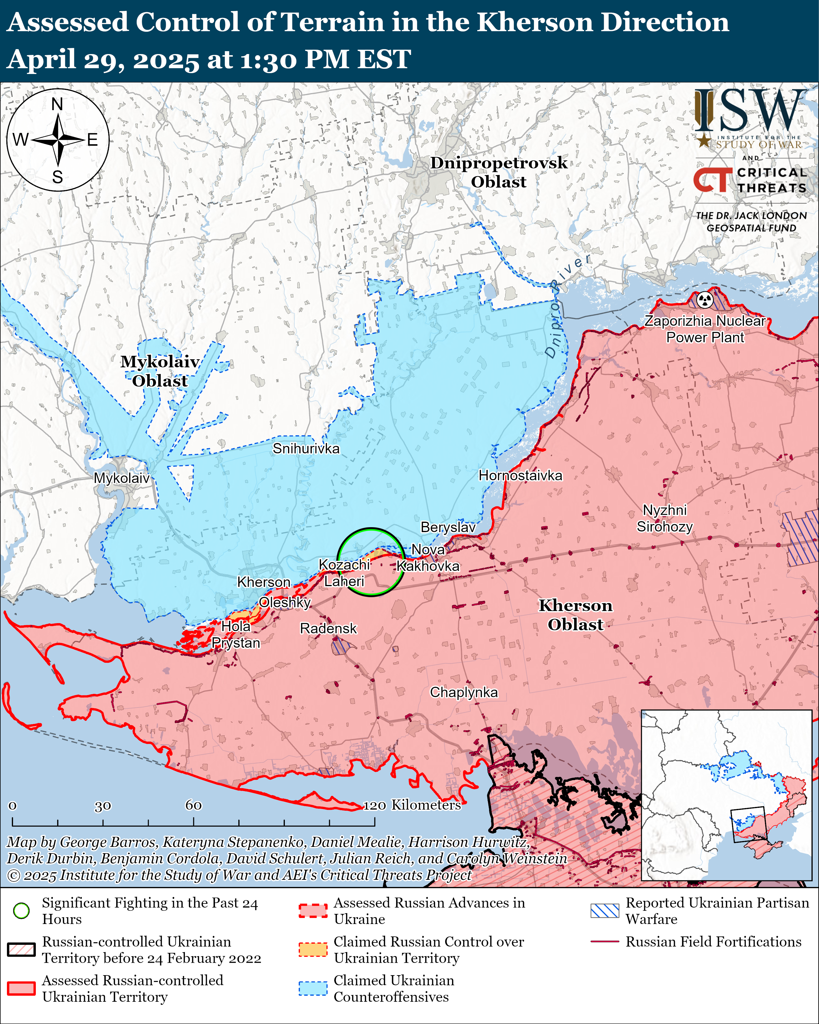 a map showing the assessed control of terrain in the kherson area with indications of russian and ukrainian controlled territories.
