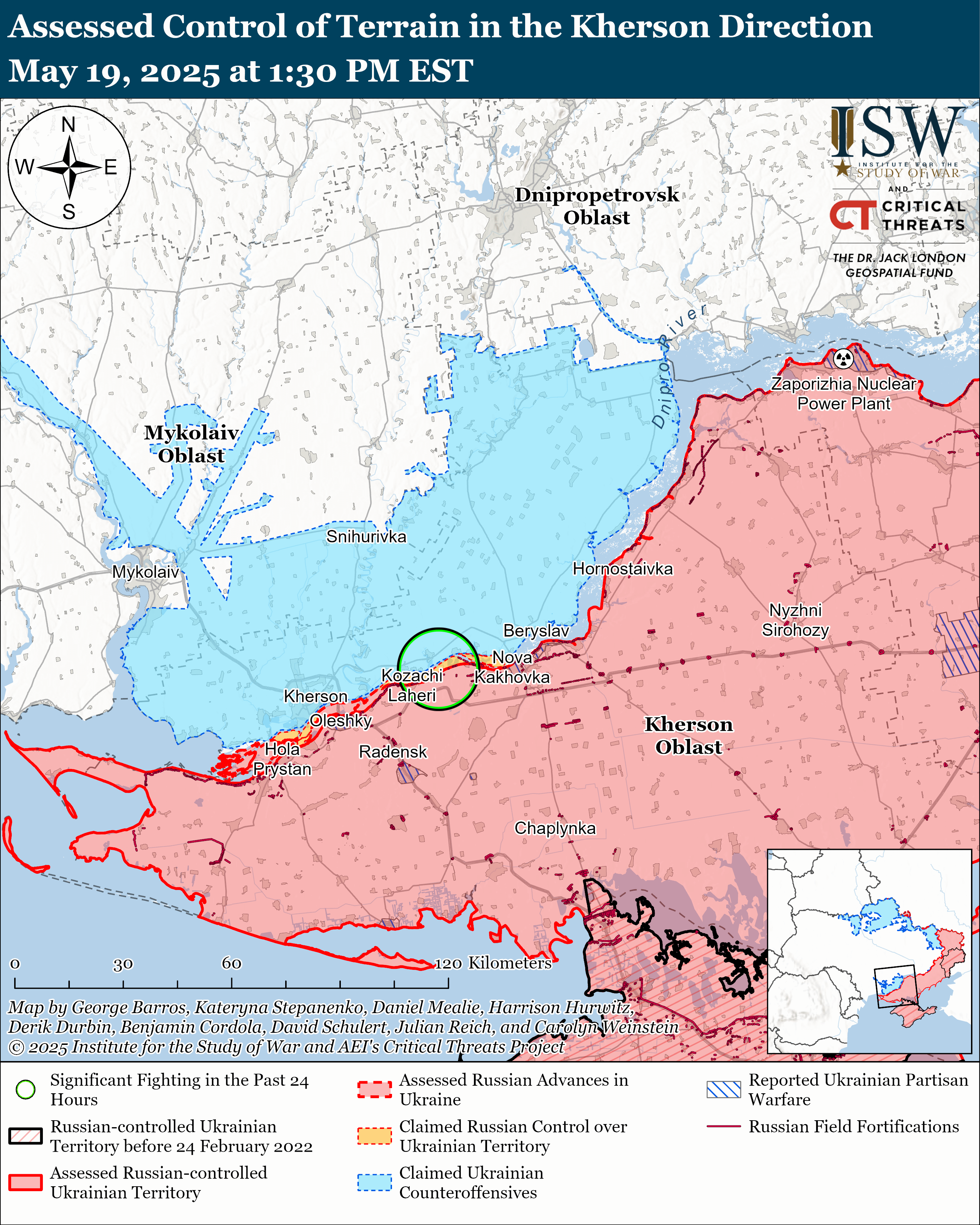 map showing assessed control of terrain in the kherson direction with details on territorial control and conflict.