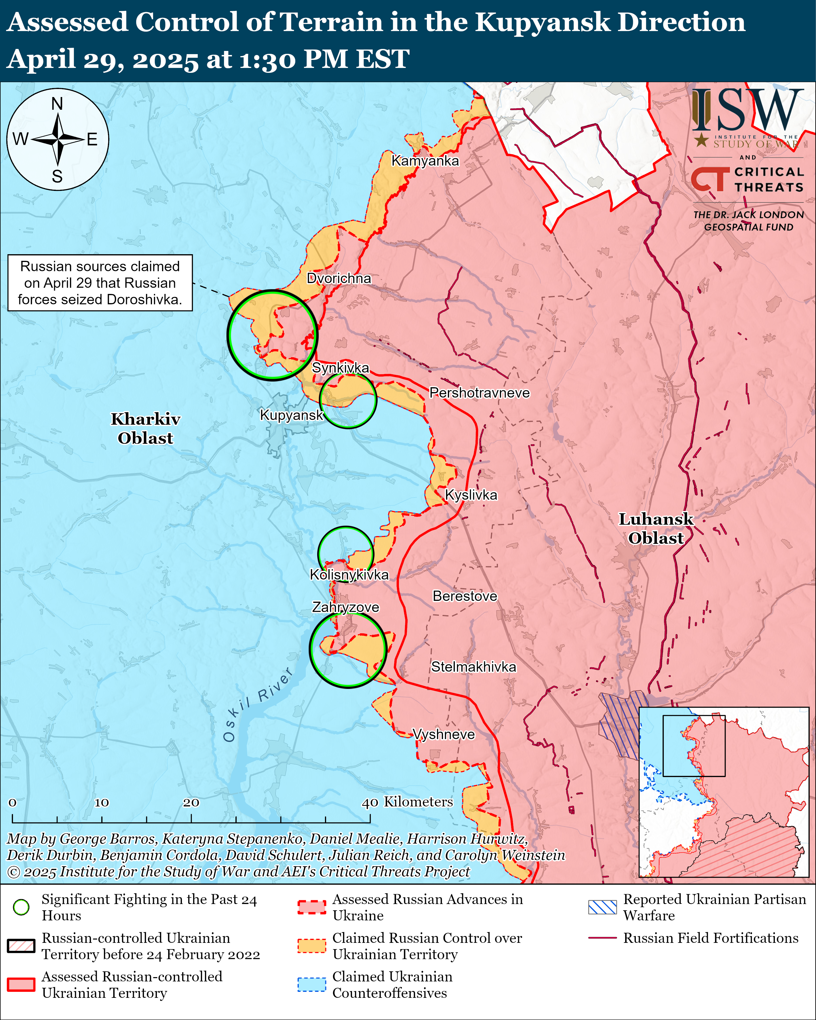 a map depicting assessed control of terrain in the kupyansk direction, indicating areas of significant fighting, russian advances, and ukrainian counteroffensives.