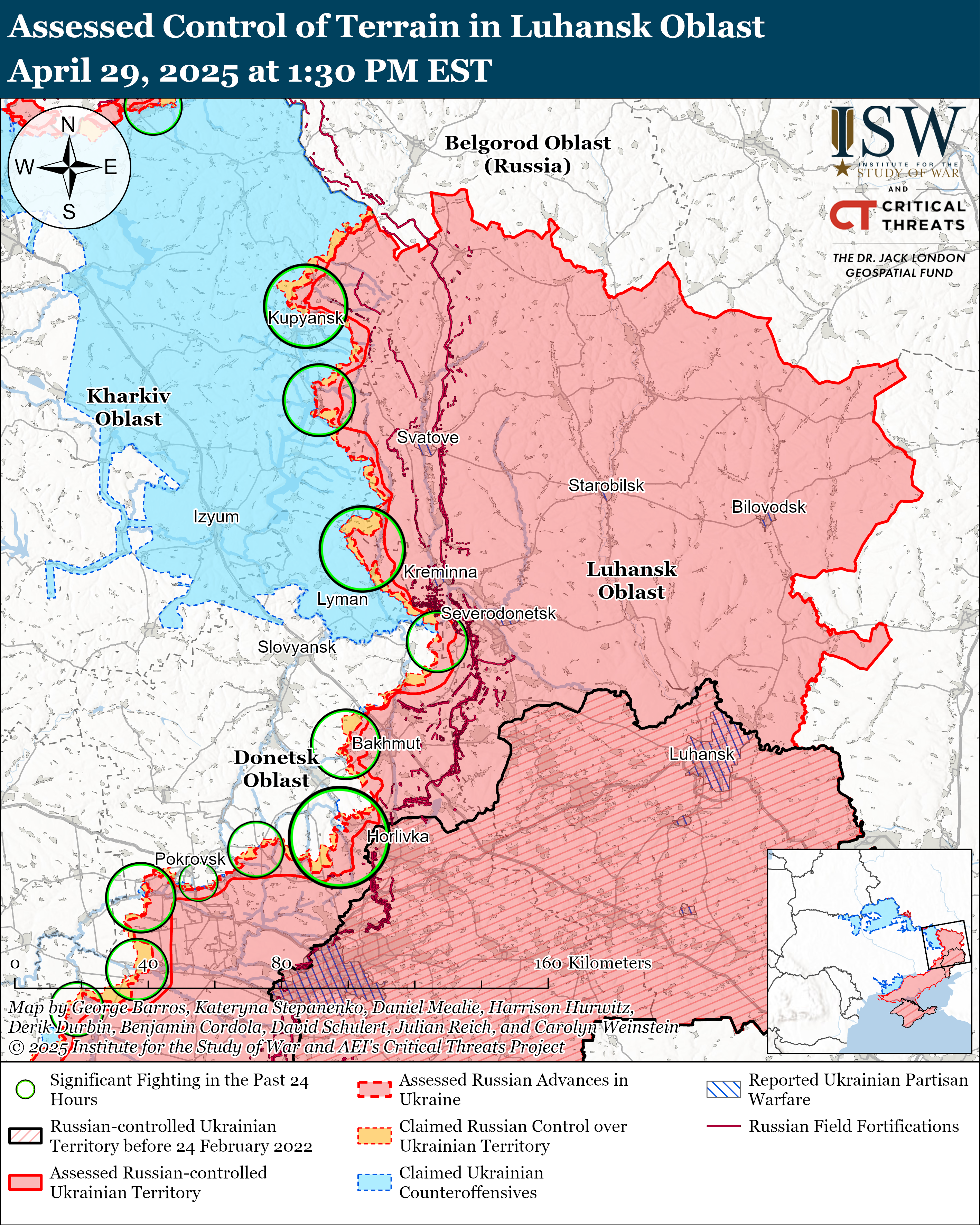 a map depicting assessed control of terrain in luhansk oblast, showing russian and ukrainian controlled areas.
