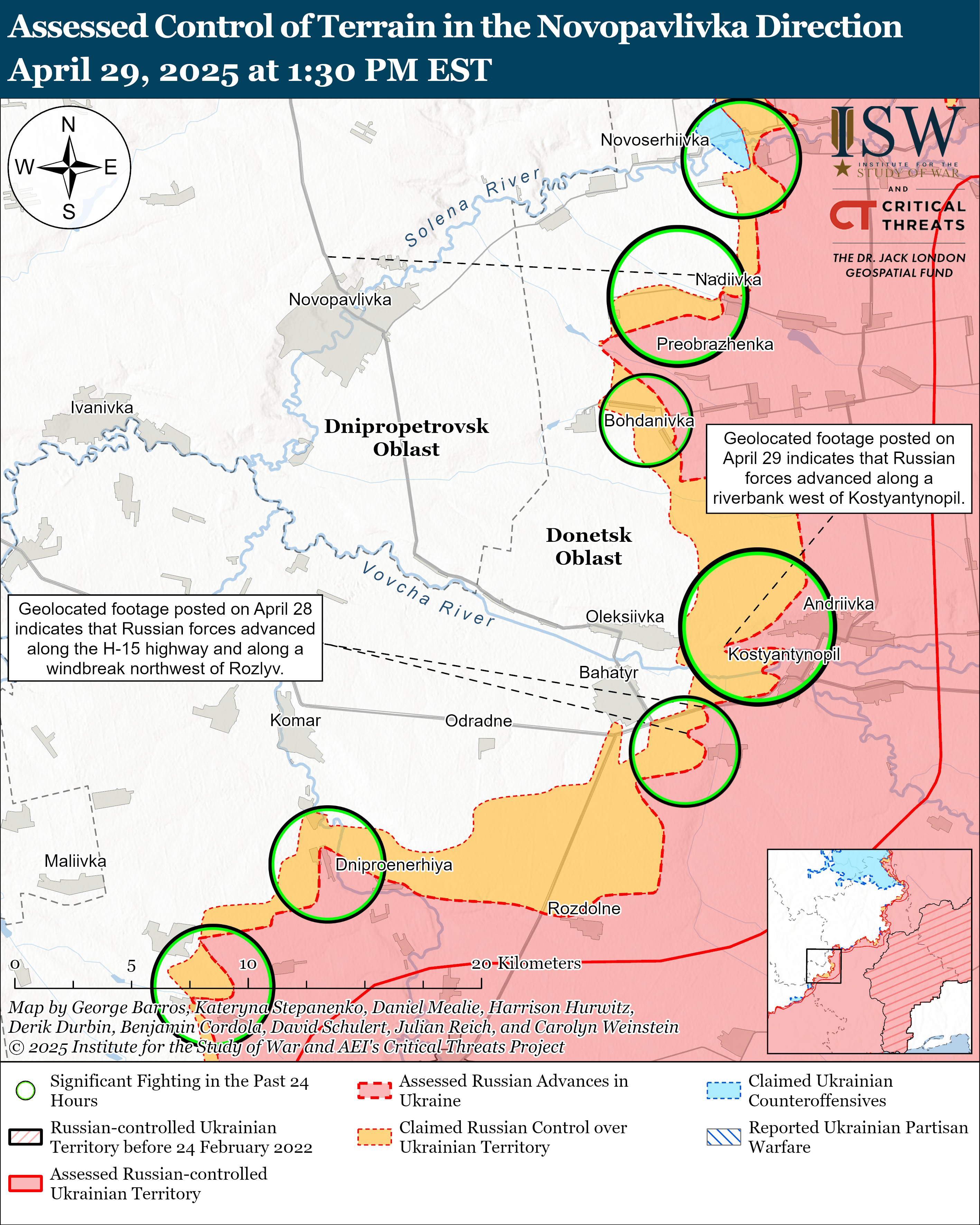 map showing assessed control of terrain in the novopavlivka direction with various indicators of fighting and advances.