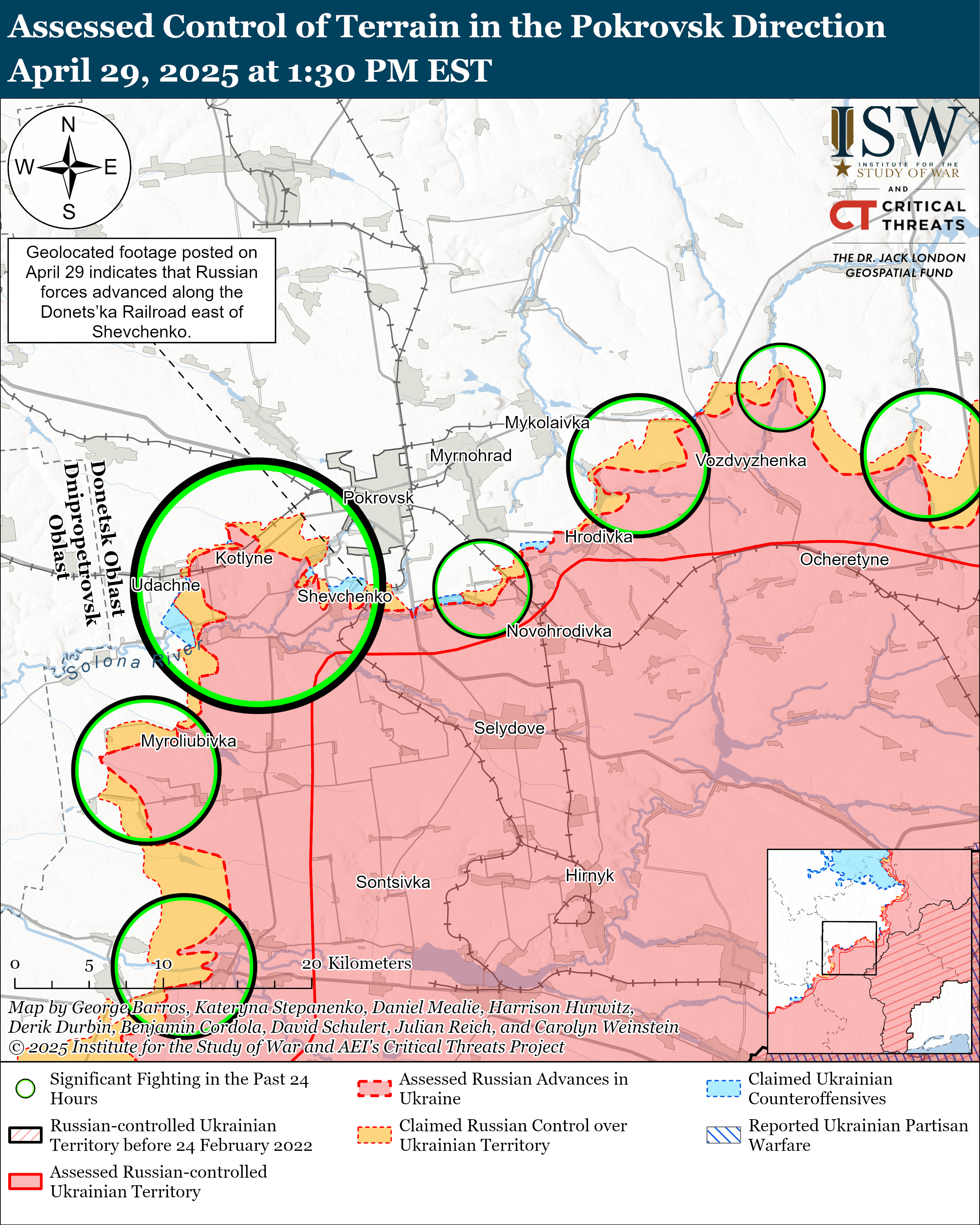 map showing assessed control of terrain in the pokrovsk direction with various territorial control designations.