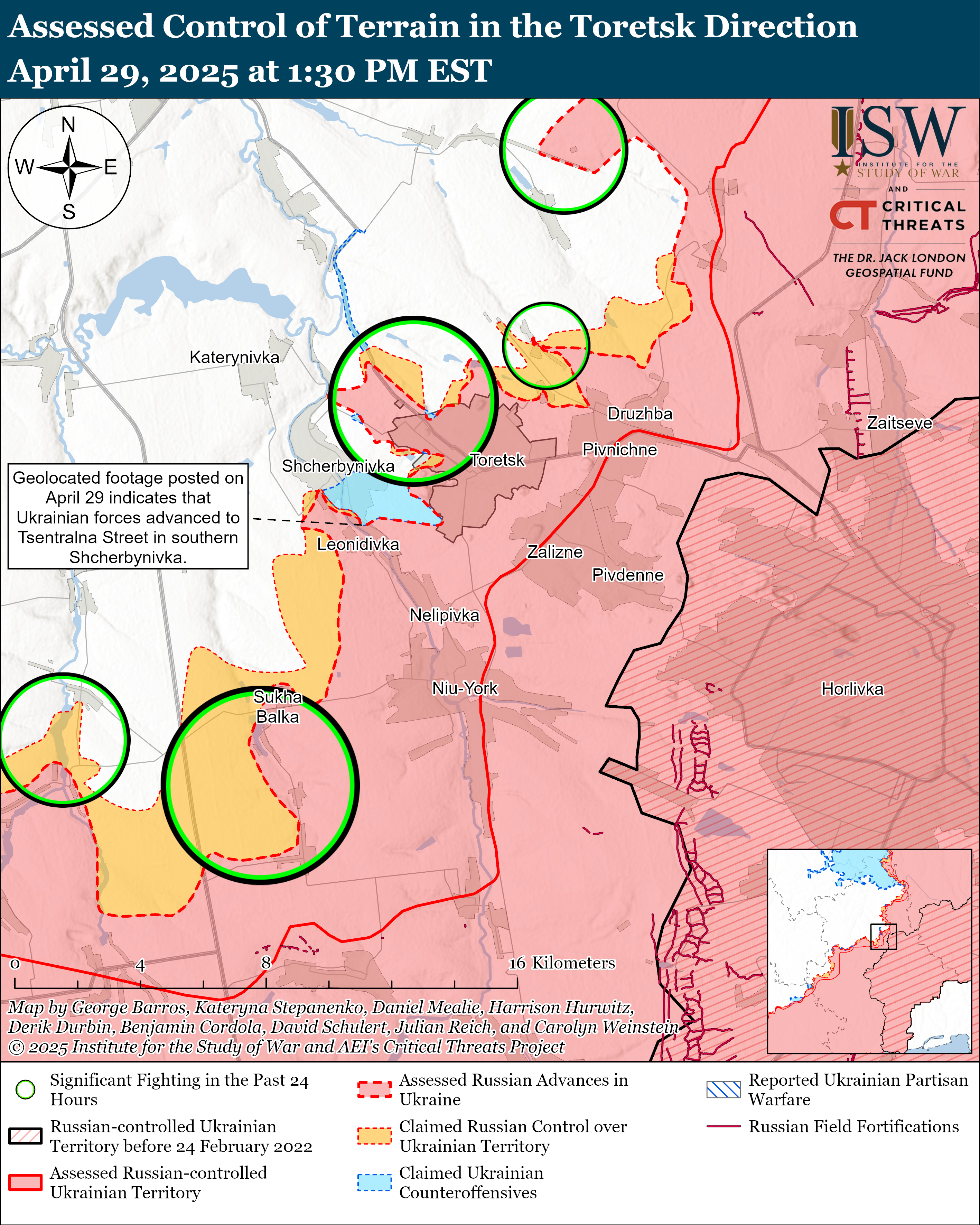 a map depicting control of terrain and military actions around toretsk.
