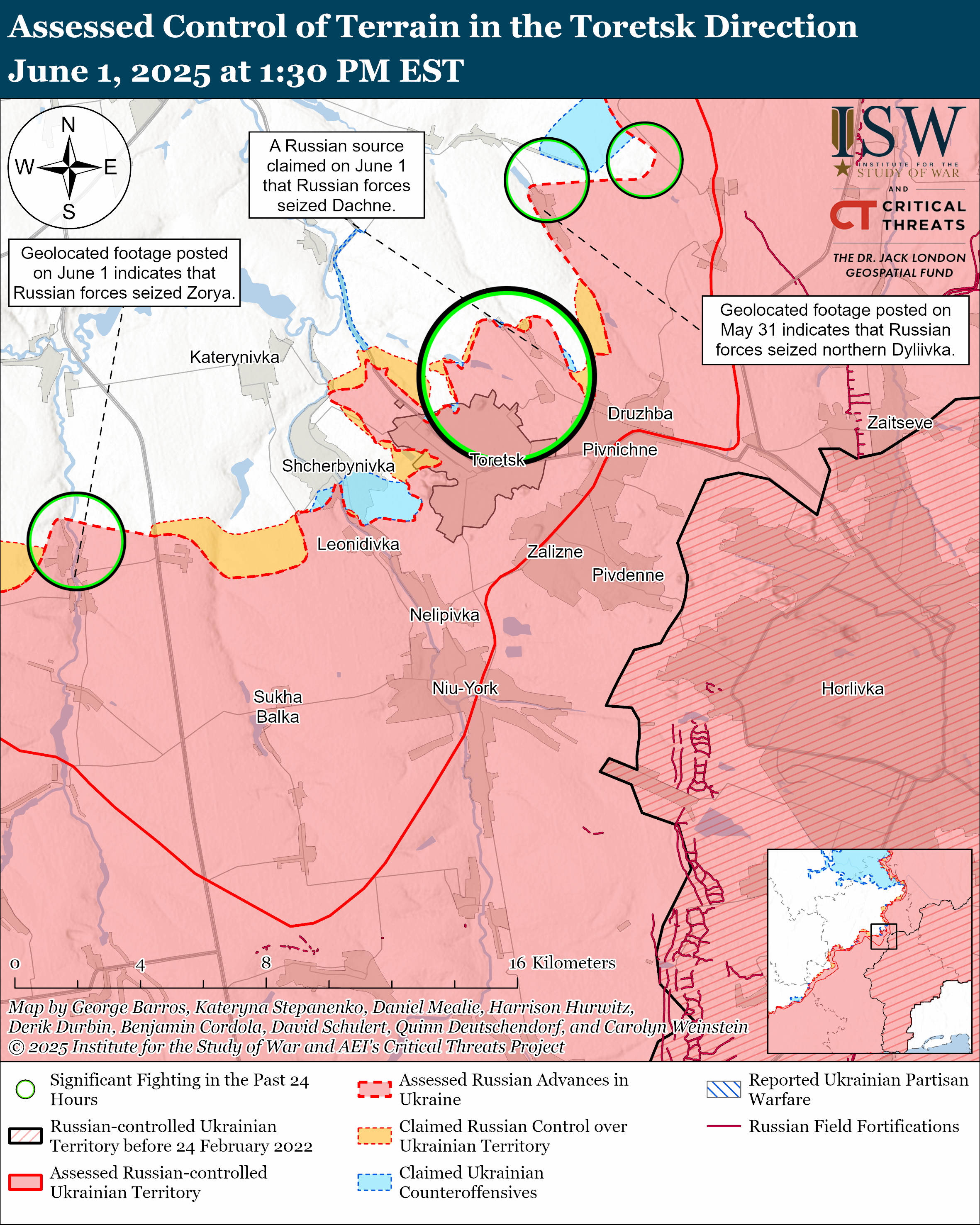 map showing assessed control of terrain in the toretsk direction with various geolocated footages and territorial claims.