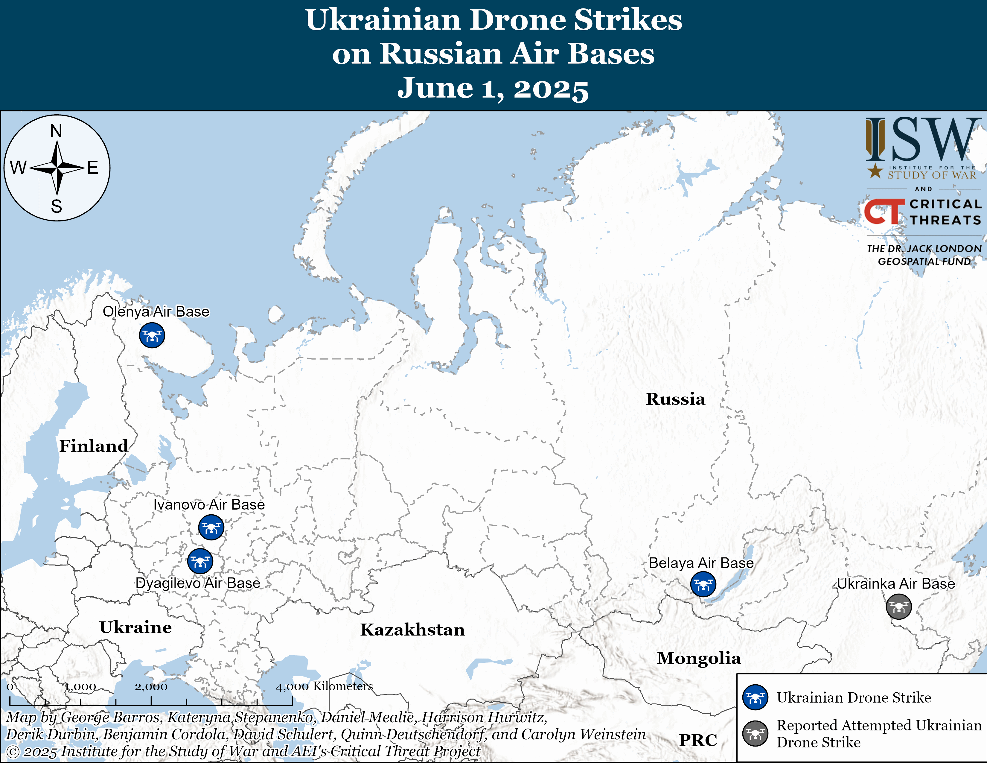 map showing ukrainian drone strikes on russian air bases with labeled locations.