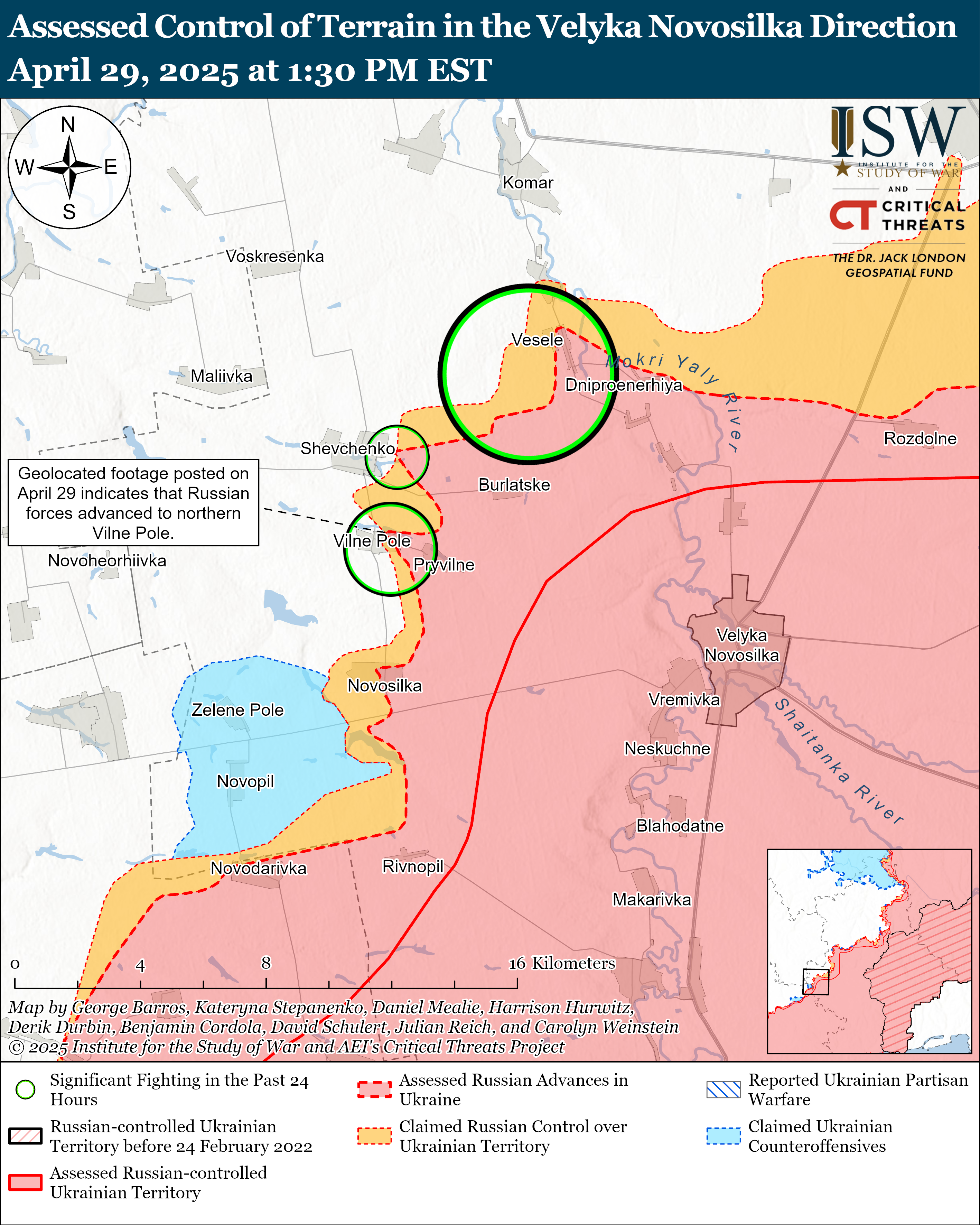 a map showing assessed control of terrain in the velyka novosilka direction with details on russian and ukrainian territorial control.