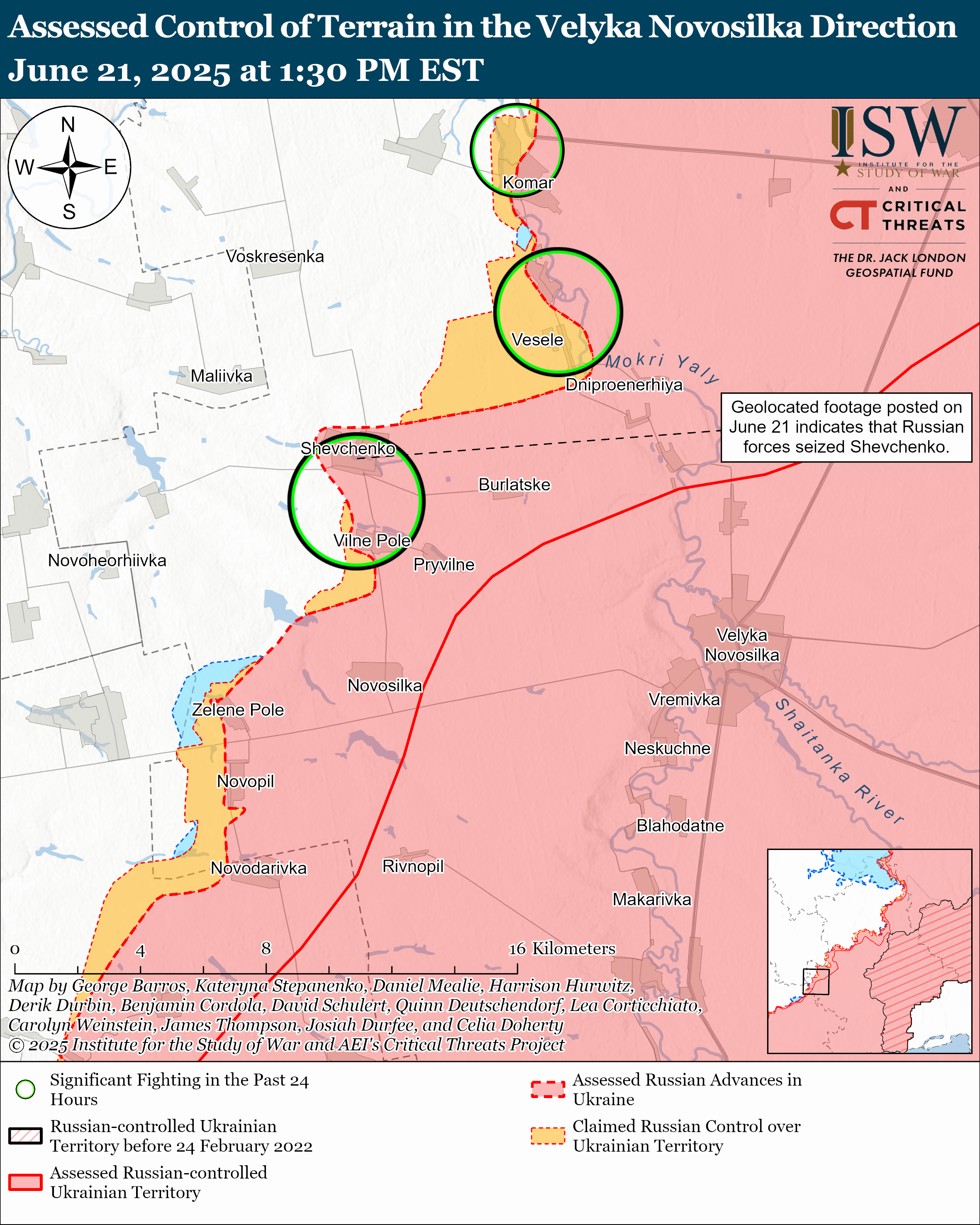 a map showing assessed control of terrain in the velyka novosilka direction, with indicators of russian and ukrainian control and significant fighting.