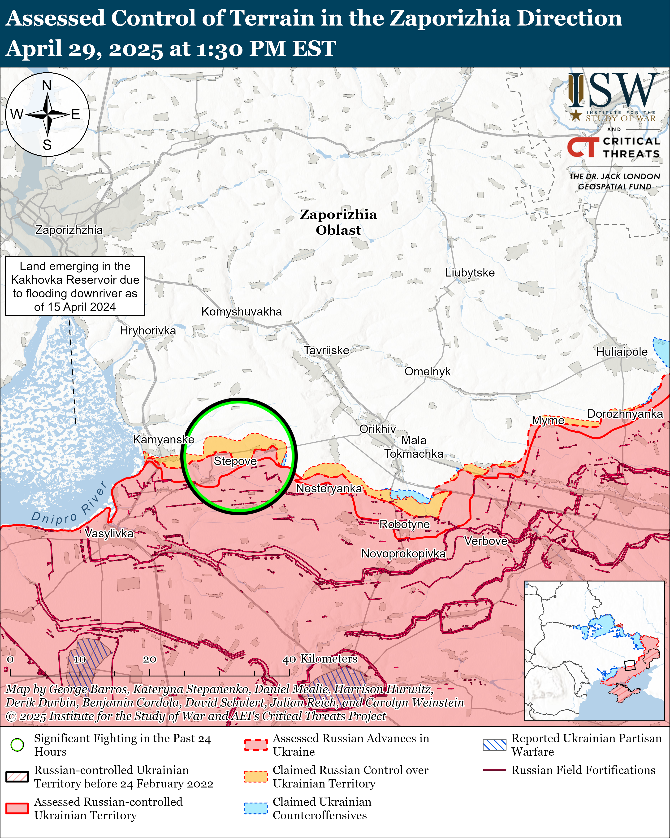 a map showing assessed control of terrain in the zaporizhia region with various territories marked.