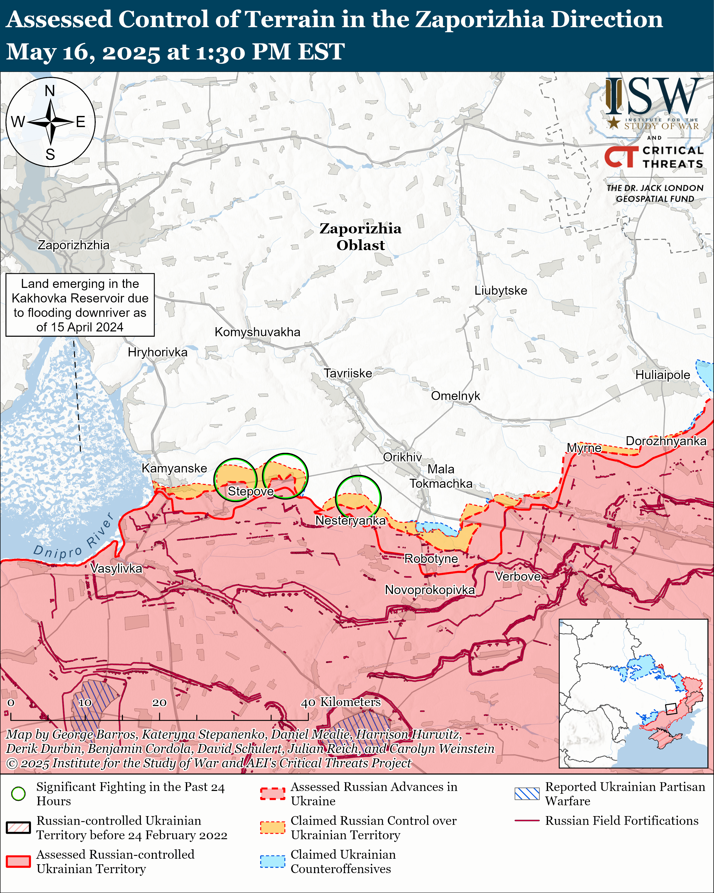 this image is a map showing the assessed control of terrain in the zaporizhia direction with various territorial controls and conflict areas marked.