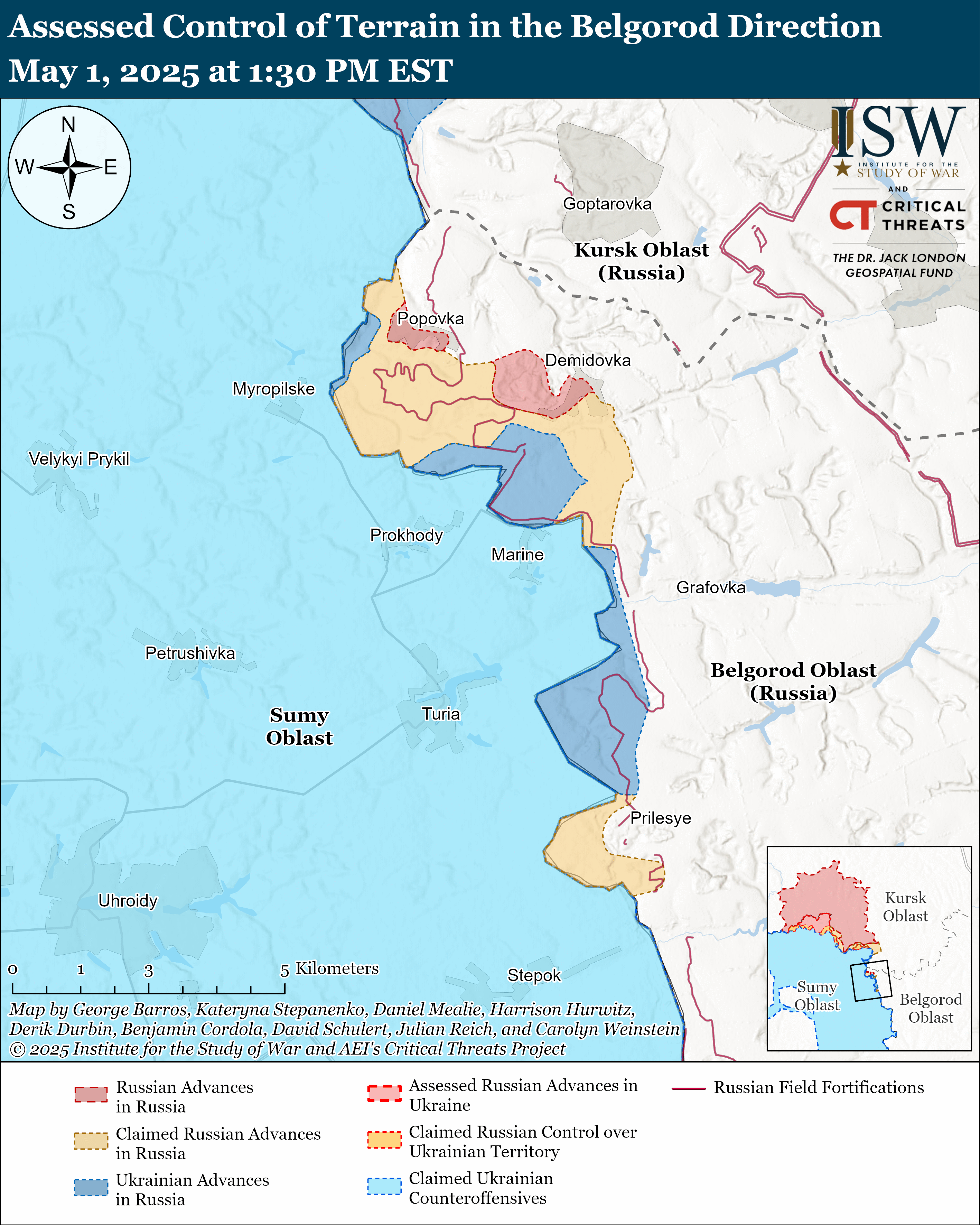 map showing assessed control of terrain in the belgorod direction, depicting russian and ukrainian advances and fortifications.
