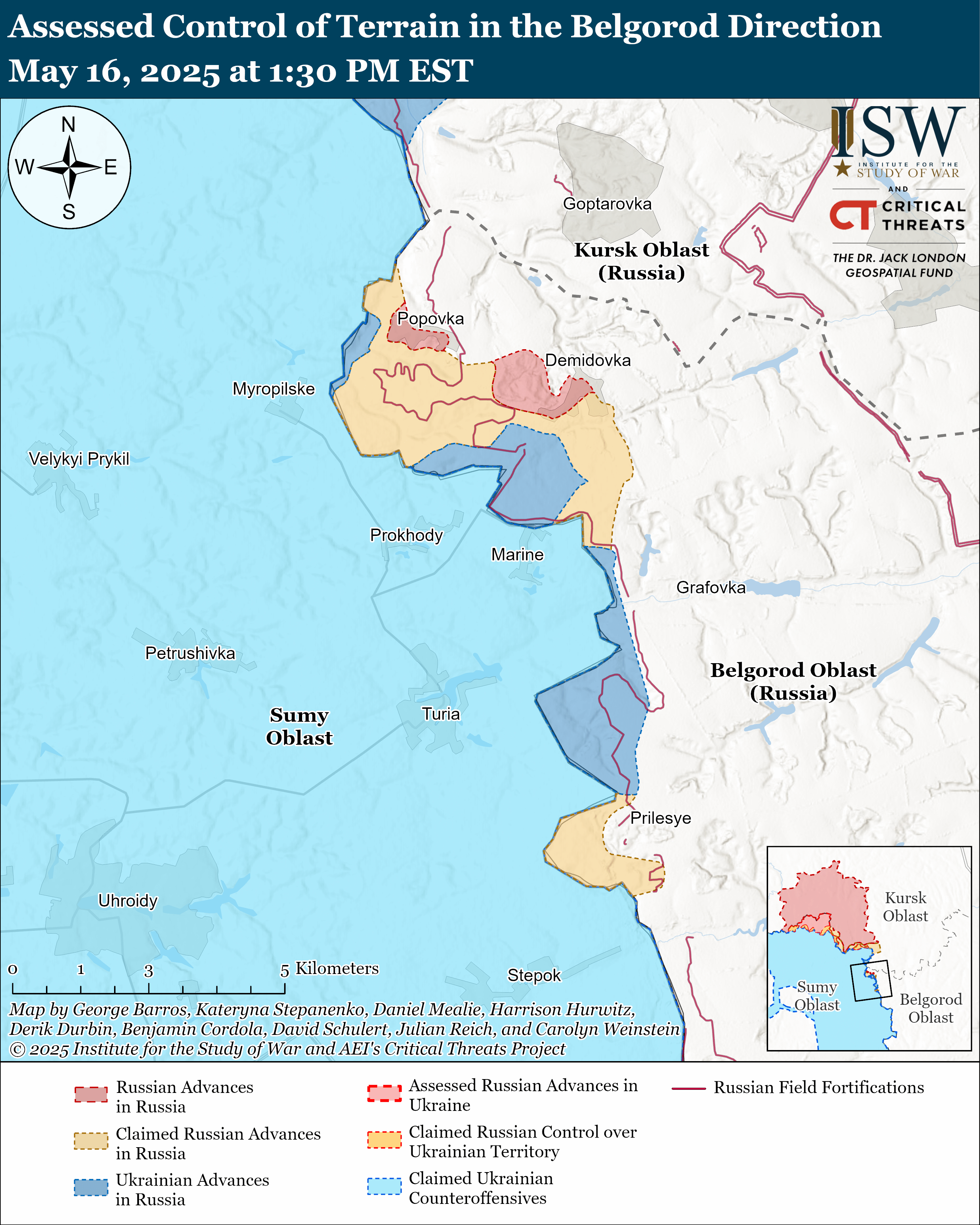 map showing assessed control of terrain in the belgorod region, indicating different territorial advances and control claims.