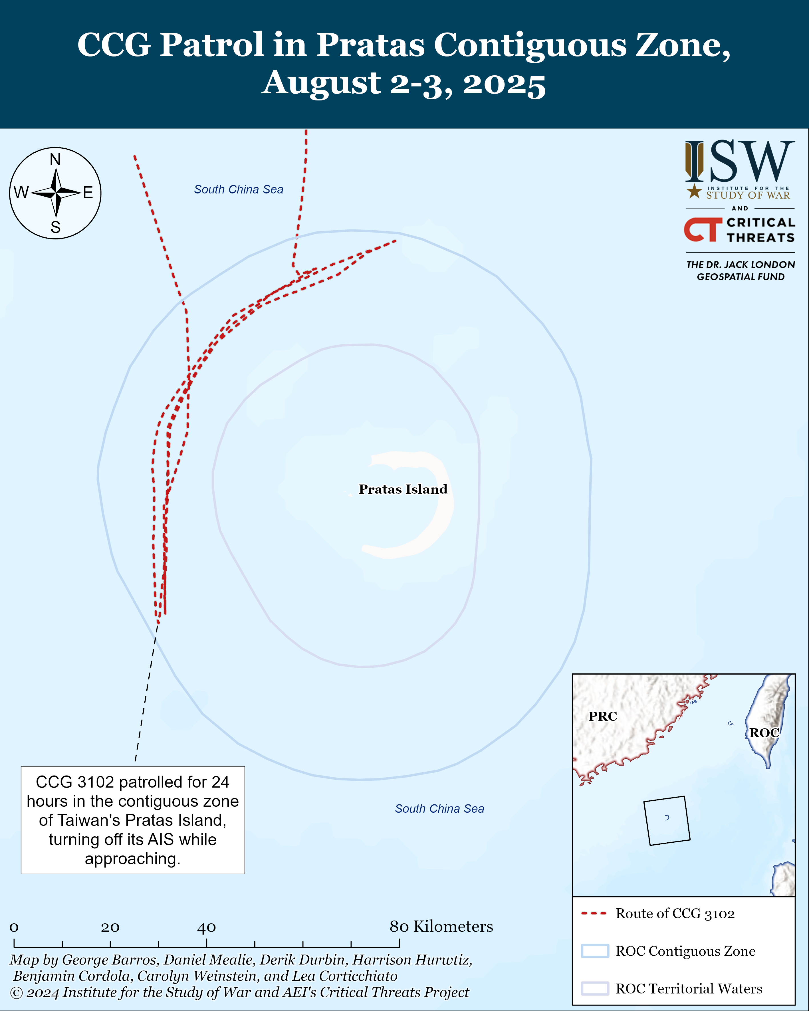 map showing the patrol route of ccg 3102 around pratas island in the south china sea.