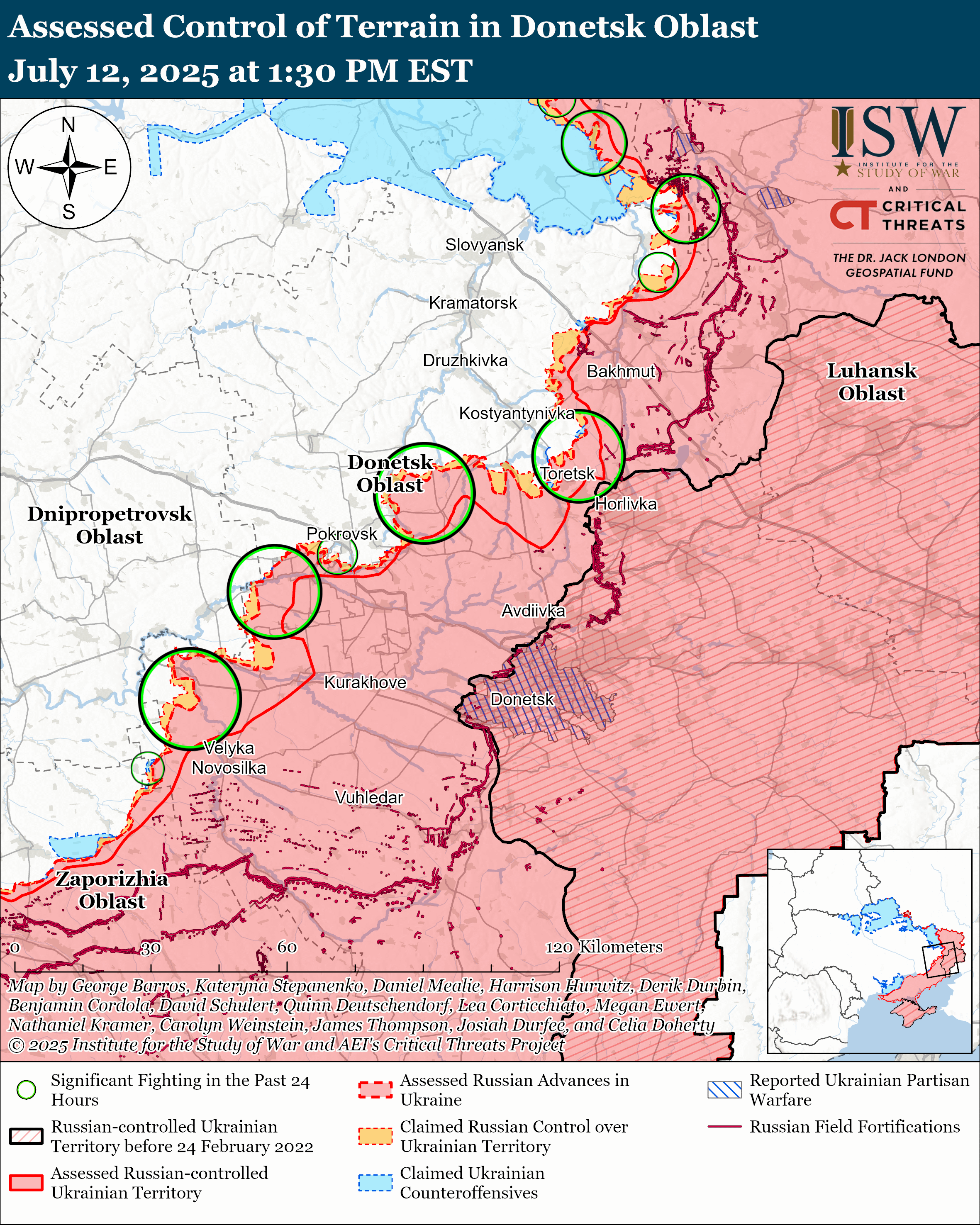 map showing the assessed control of terrain in donetsk oblast with markings for significant fighting, russian-controlled territory, and ukrainian counteroffensives.