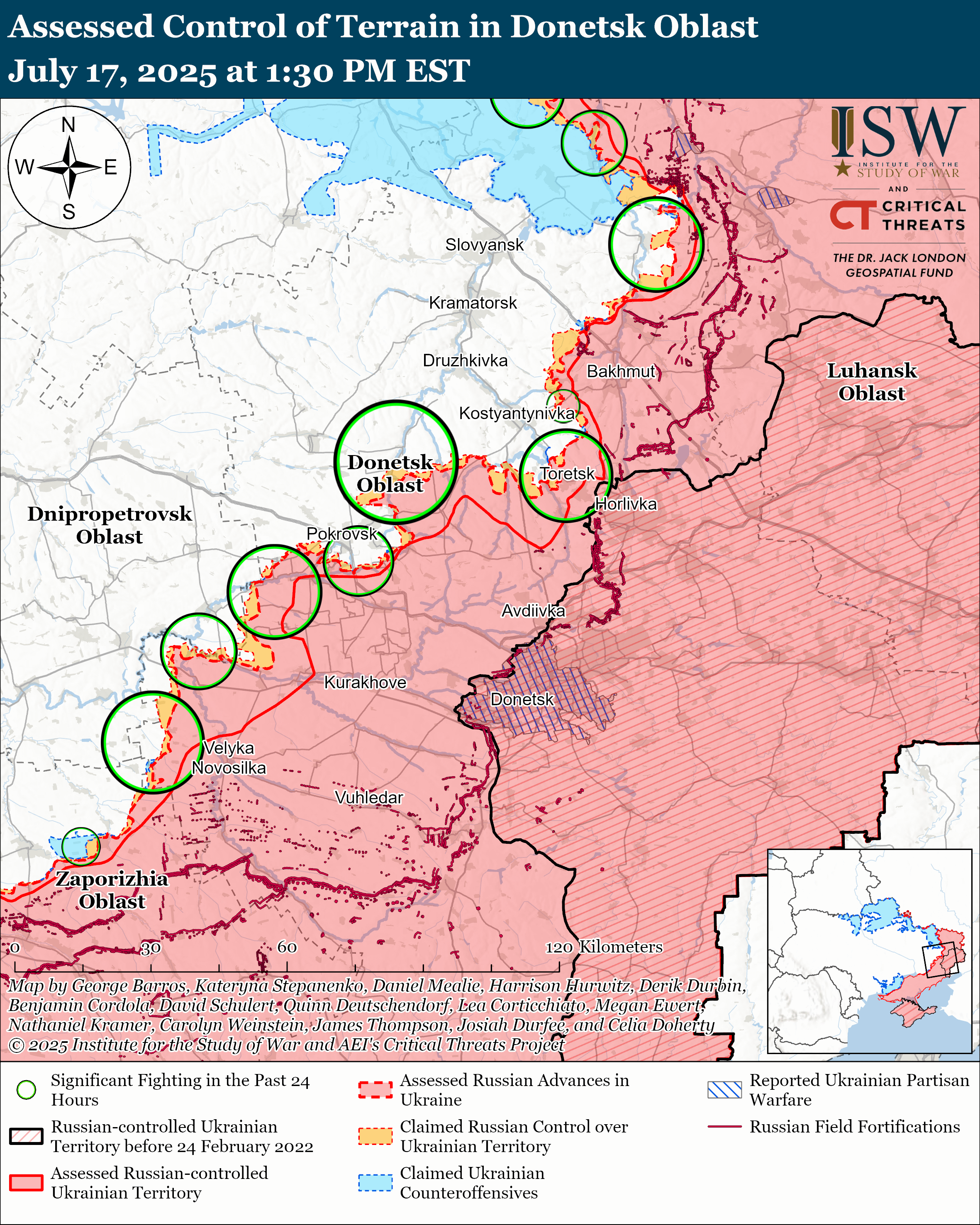 a map showing assessed control of terrain in donetsk oblast, indicating areas of control and significant fighting.