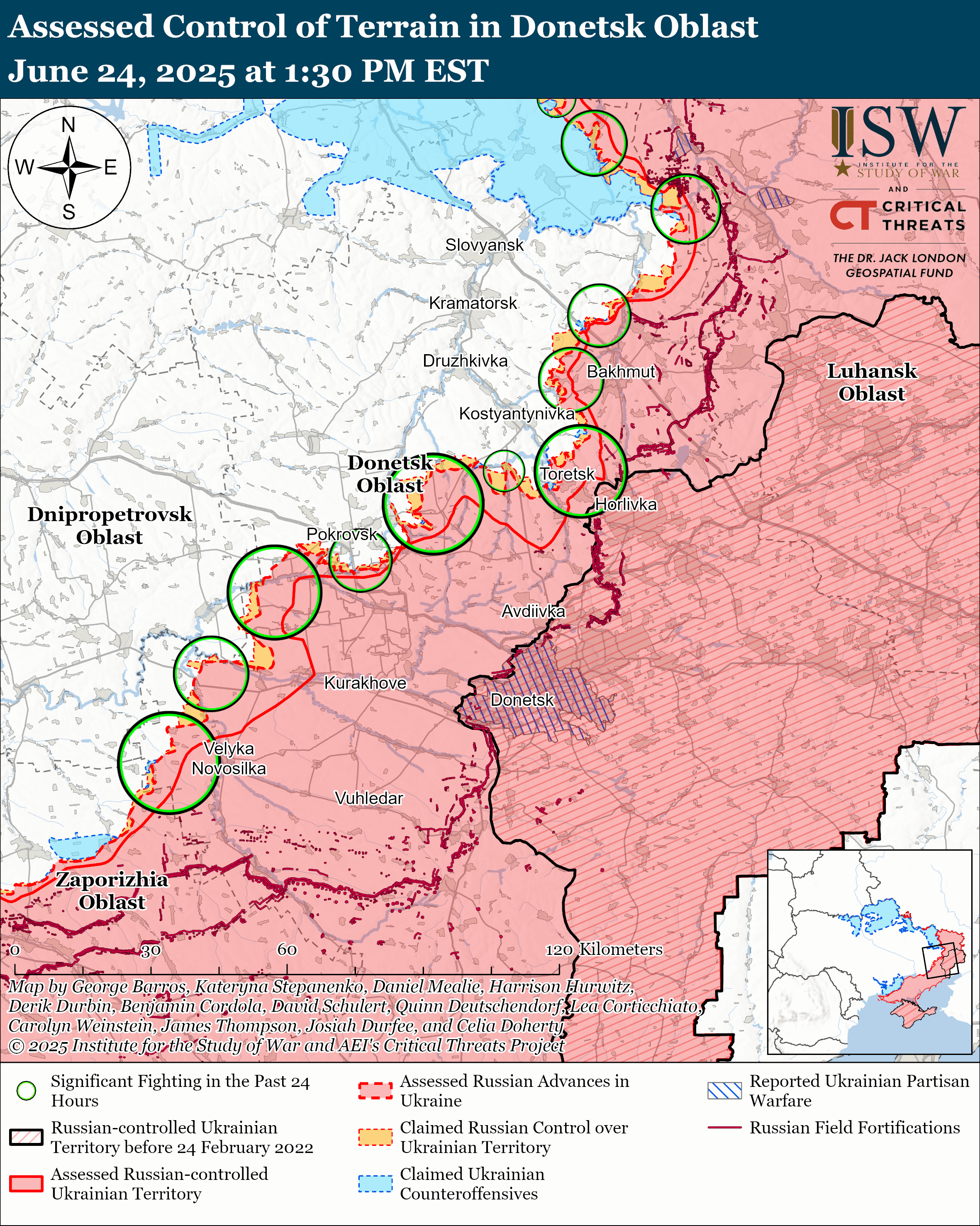 a map showing the assessed control of terrain in donetsk oblast, highlighting significant fighting, russian advances, and territorial claims as of june 24, 2025.