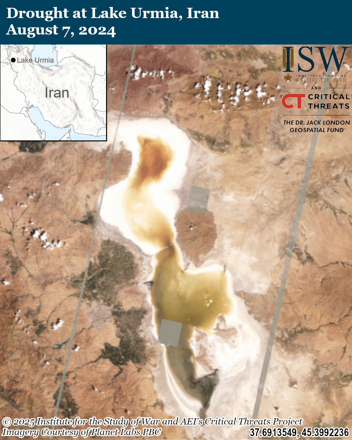 a map showing drought conditions at lake urmia, iran.