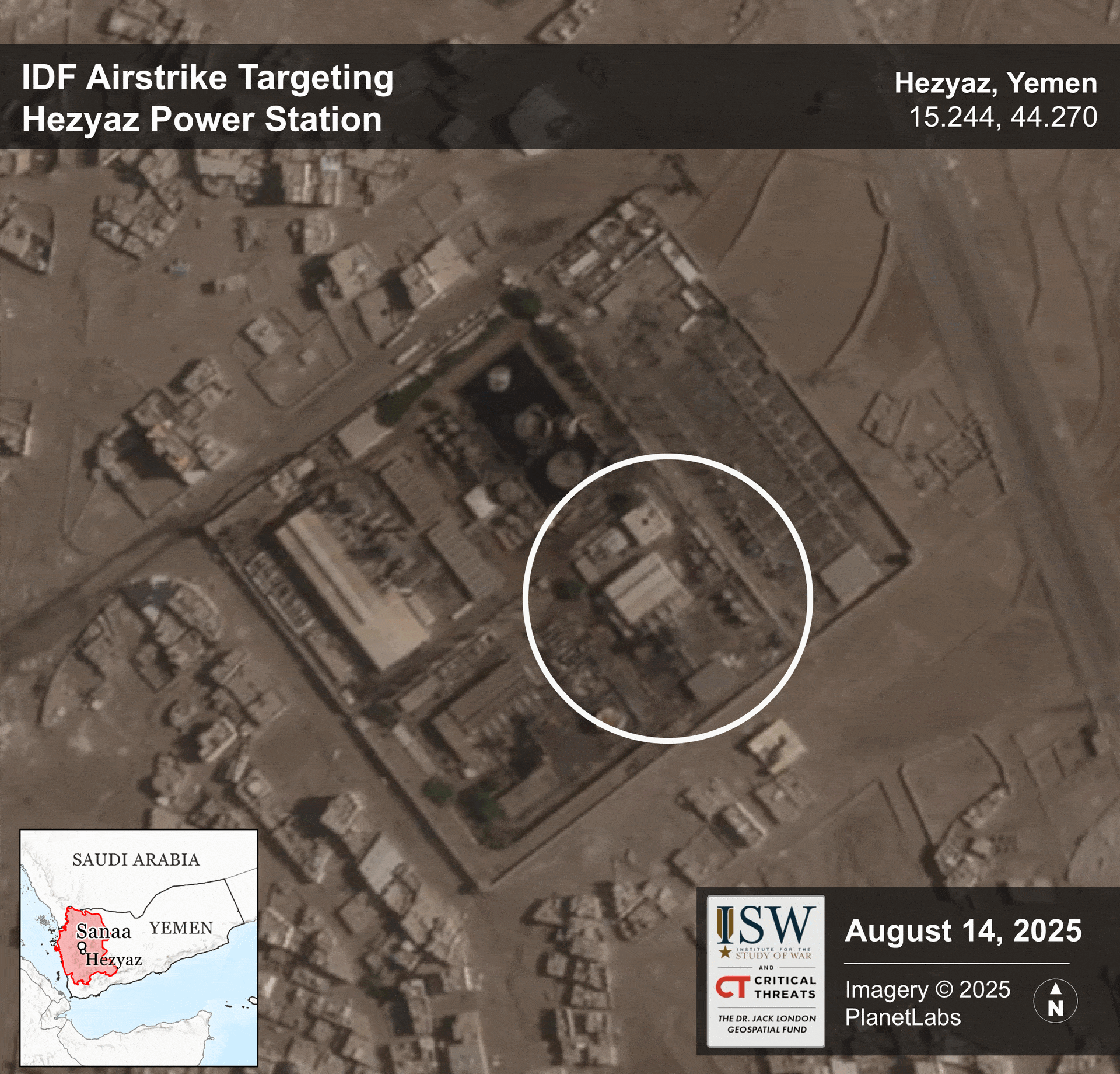 satellite imagery of the hezyaz power station in yemen showing an idf airstrike site.