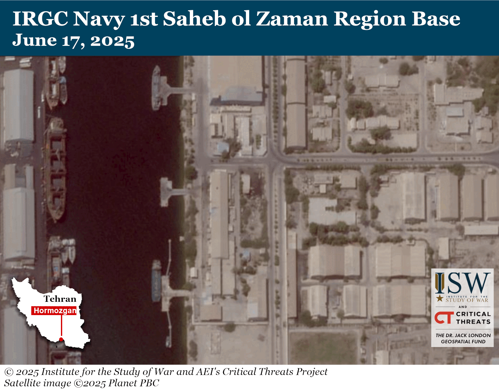 satellite image of the irgc navy 1st saheb ol zaman region base showing infrastructure and surroundings.
