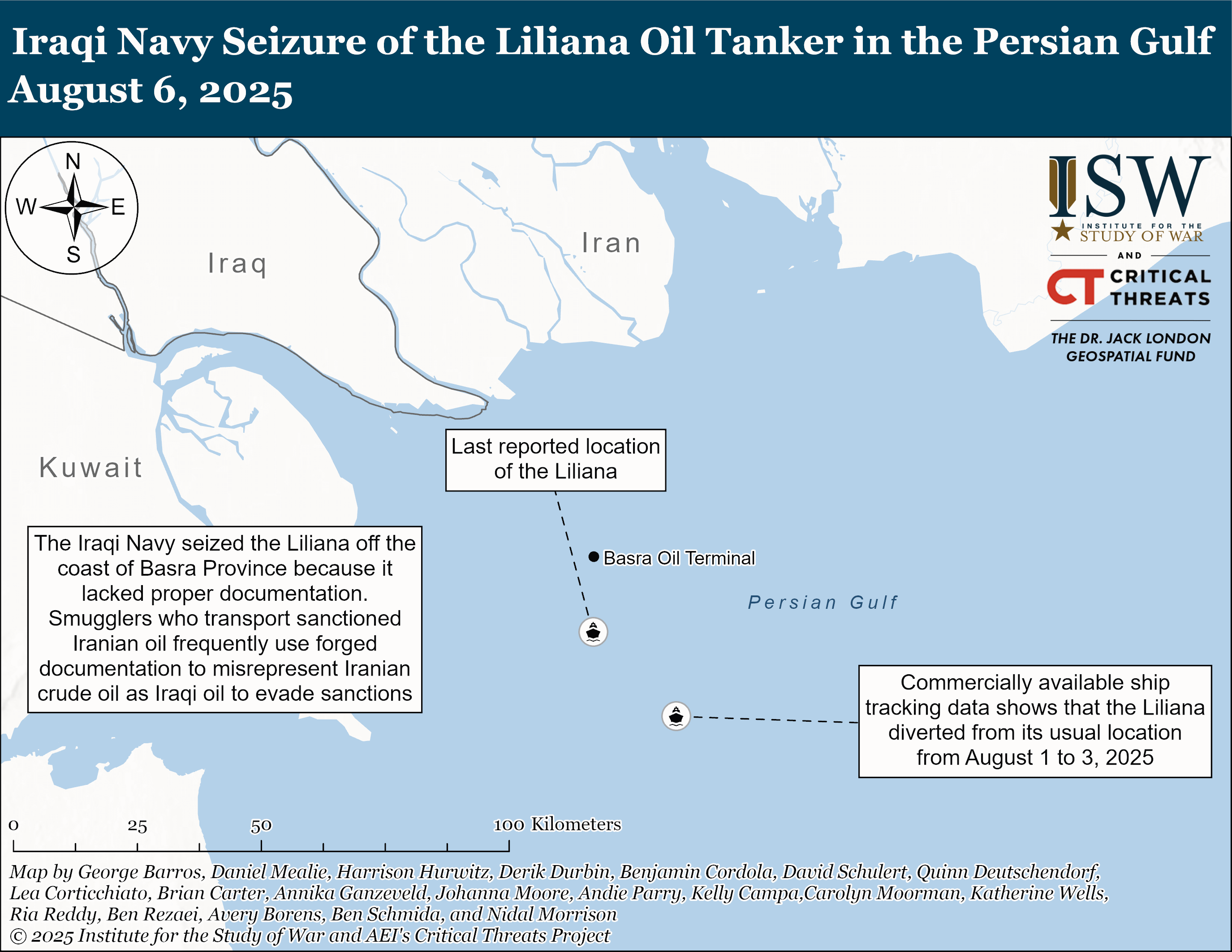 map showing the seizure of the liliana oil tanker by the iraqi navy off the coast of basra province. it details the last reported location and movement diversions of the tanker.