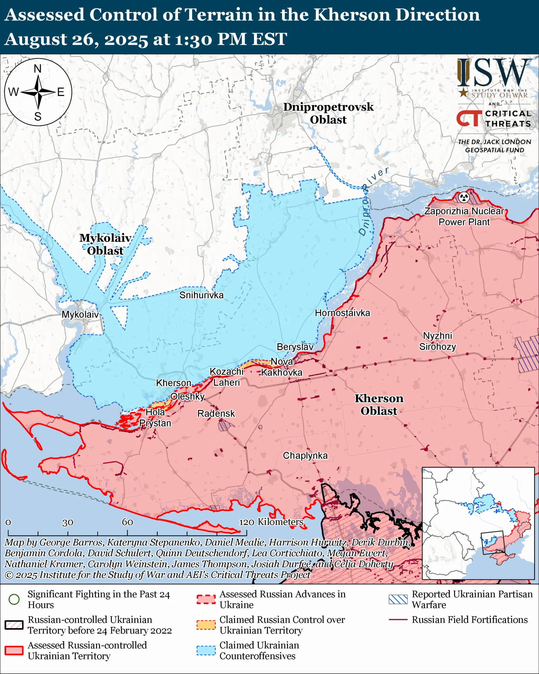 Assessed Control of Terrain in the Kherson Direction, August 26, 2025