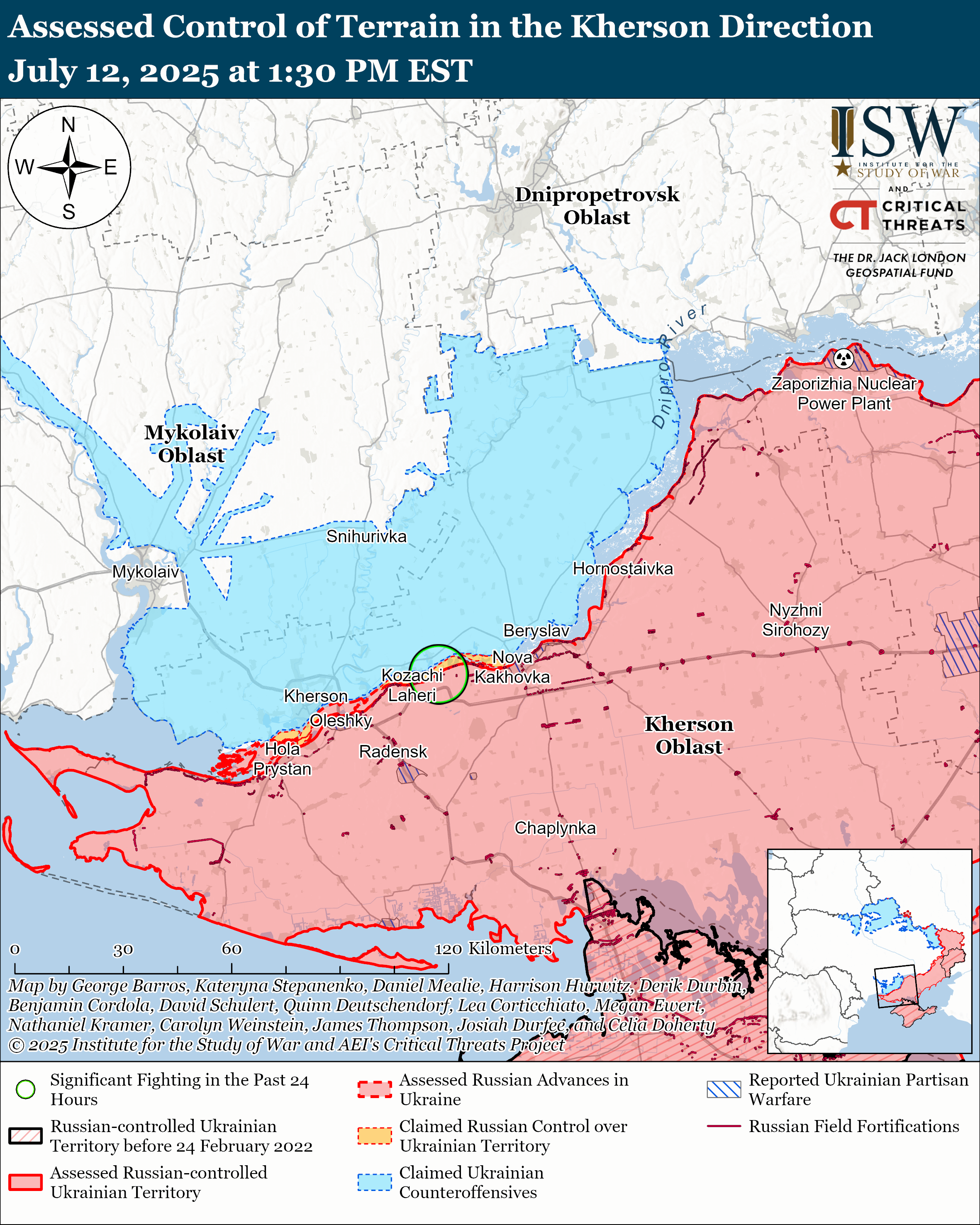 a map showing control of terrain in the kherson region with marked areas of significant fighting, assessed russian and ukrainian advances, and territorial control.
