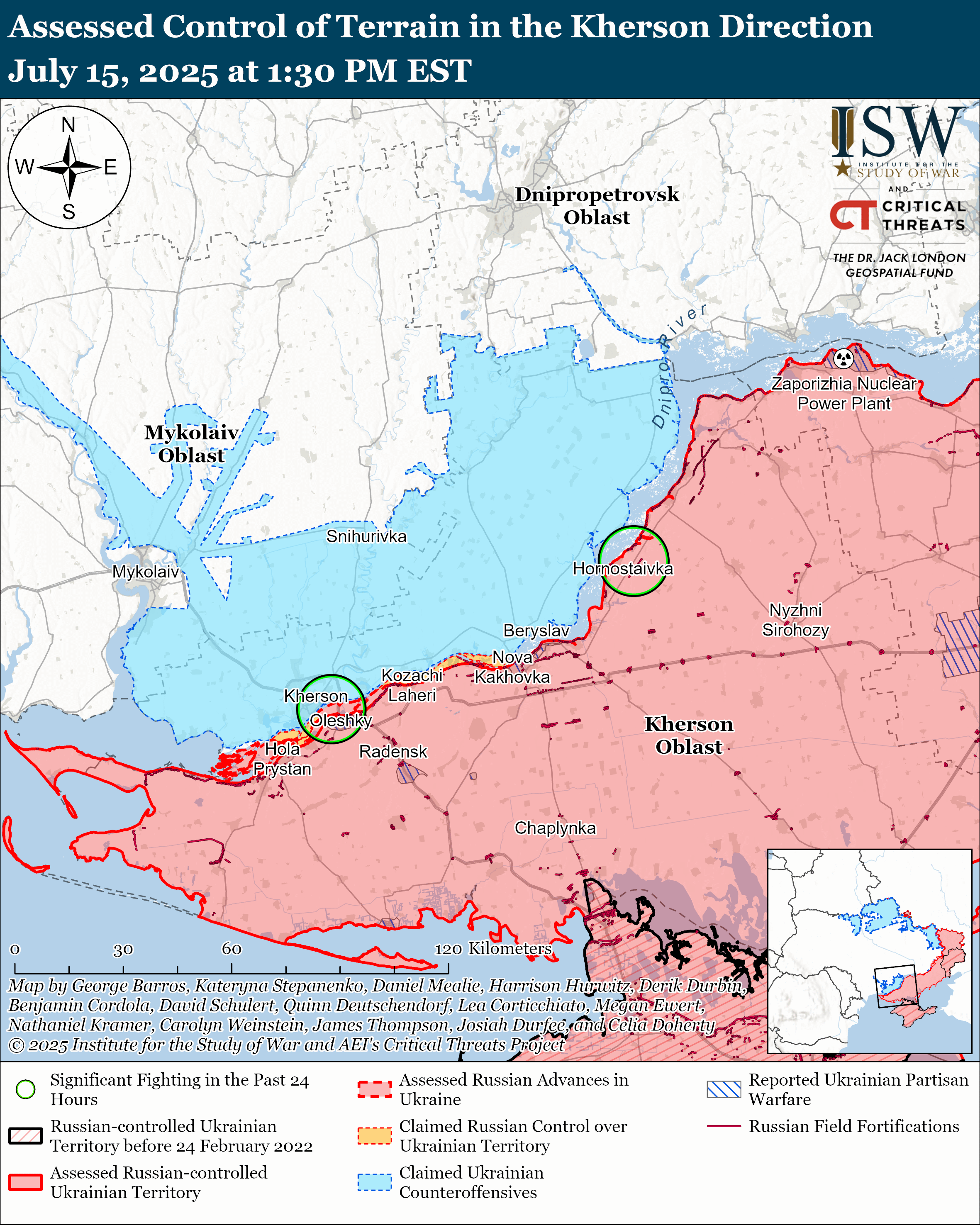map showing assessed control of terrain in the kherson direction with various territorial controls and movements.