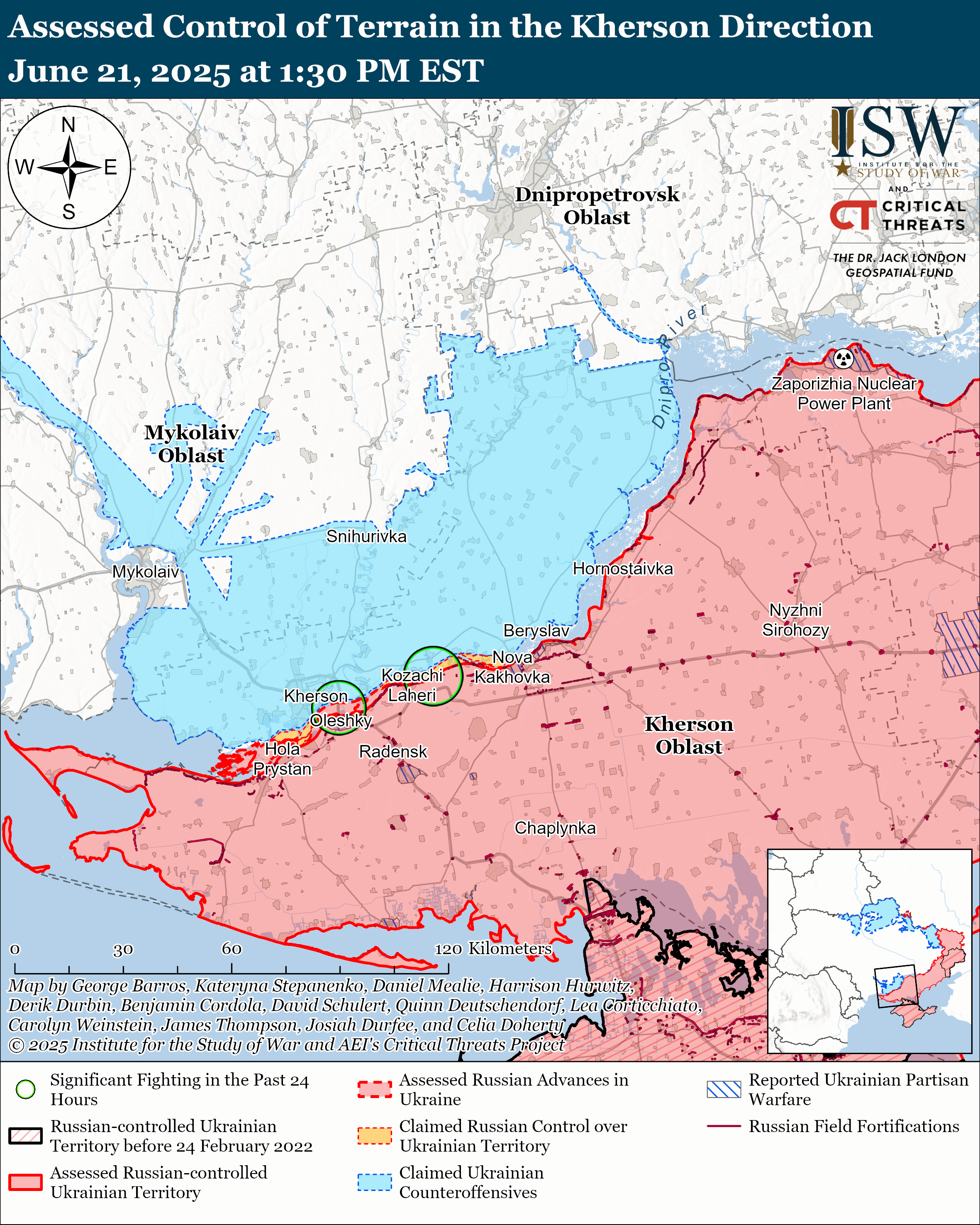 a map illustrating the control of terrain in the kherson direction with areas marked for russian and ukrainian control as of june 21, 2025.