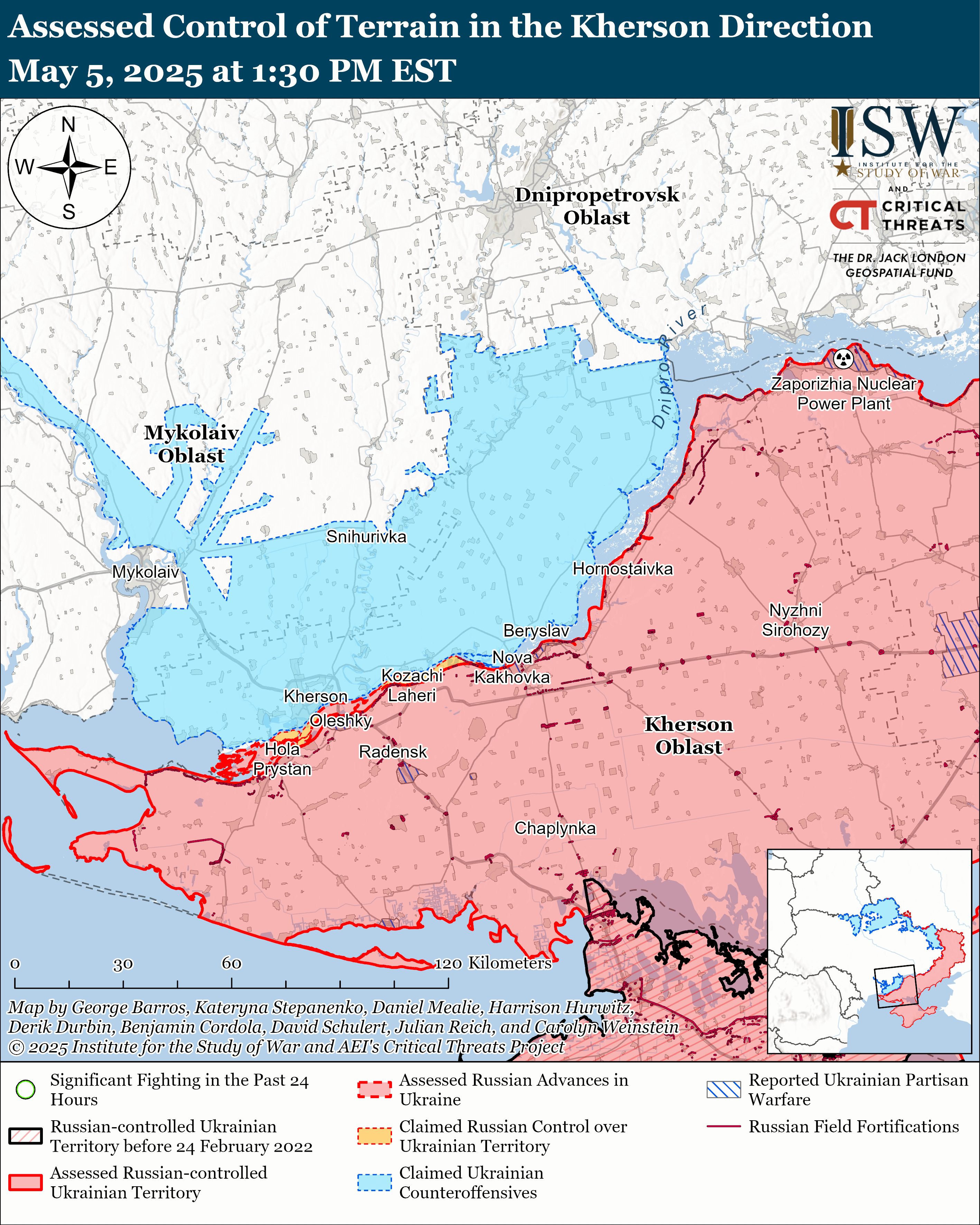 map showing assessed control of terrain in the kherson direction, indicating russian and ukrainian control and advances.
