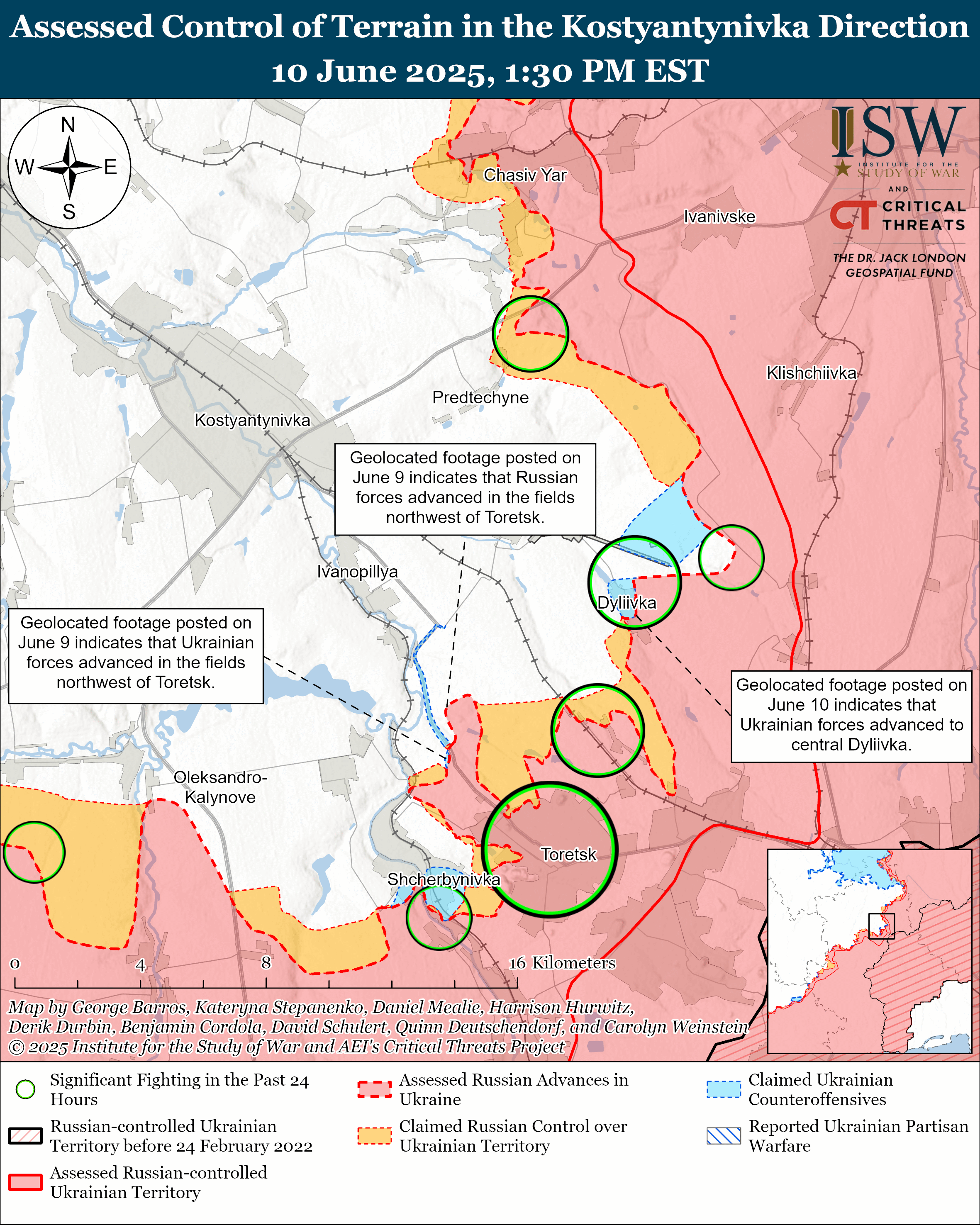 map showing assessed control and recent developments in the kostyantynivka direction with geolocated footage and territorial claims.