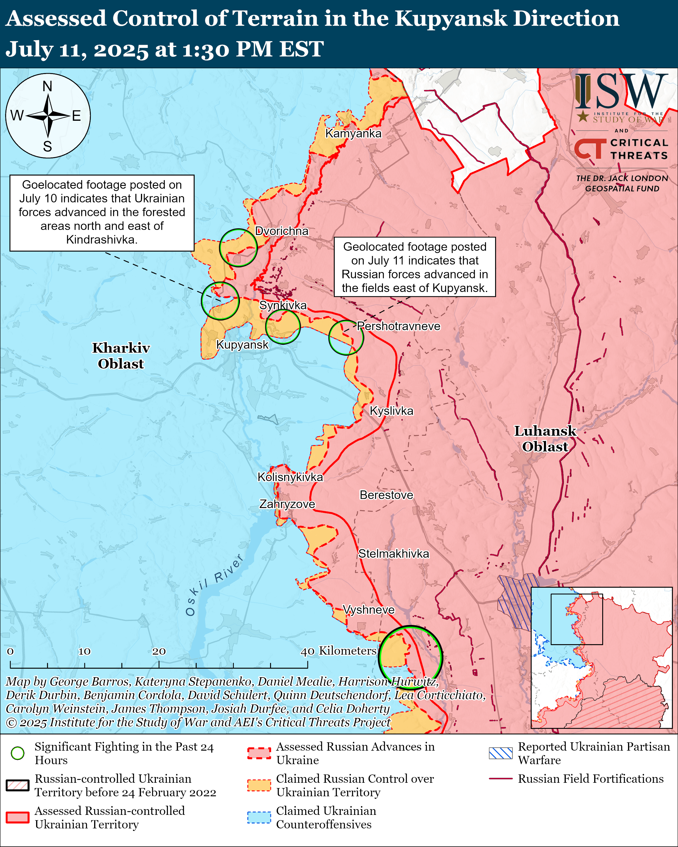 a map showing the assessed control of terrain in the kupyansk direction with annotations on recent conflicts.