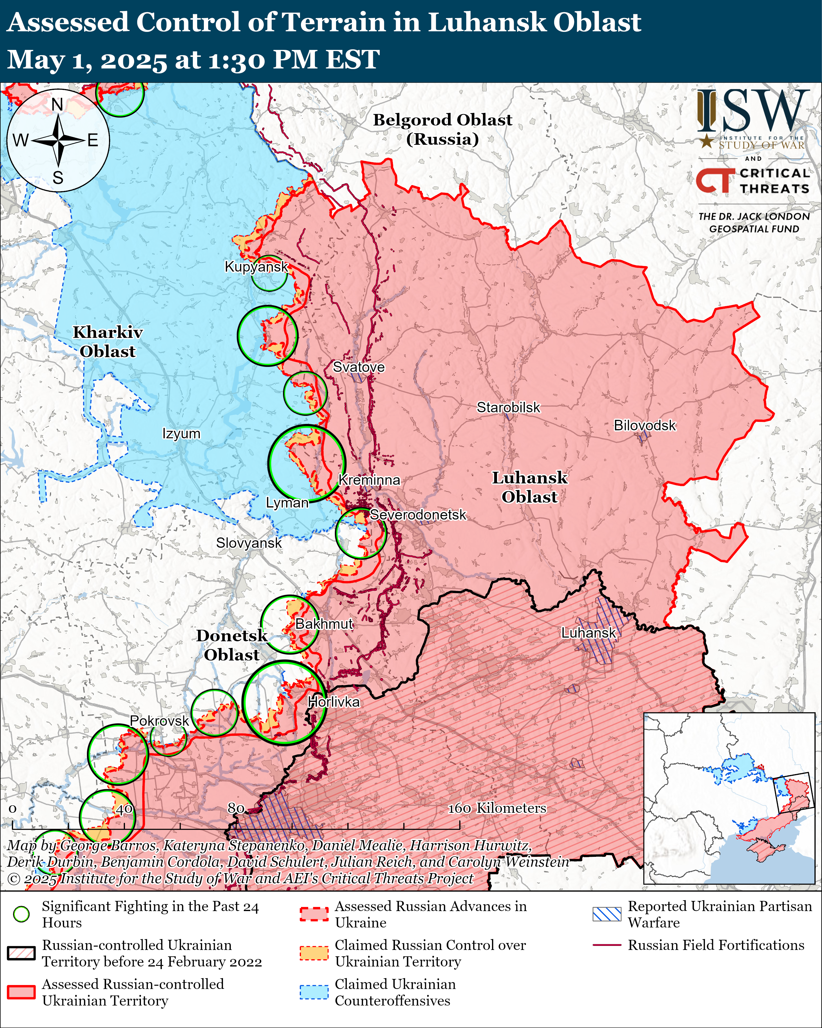 a map depicting control of terrain in luhansk oblast with various territorial claims and military activities highlighted.