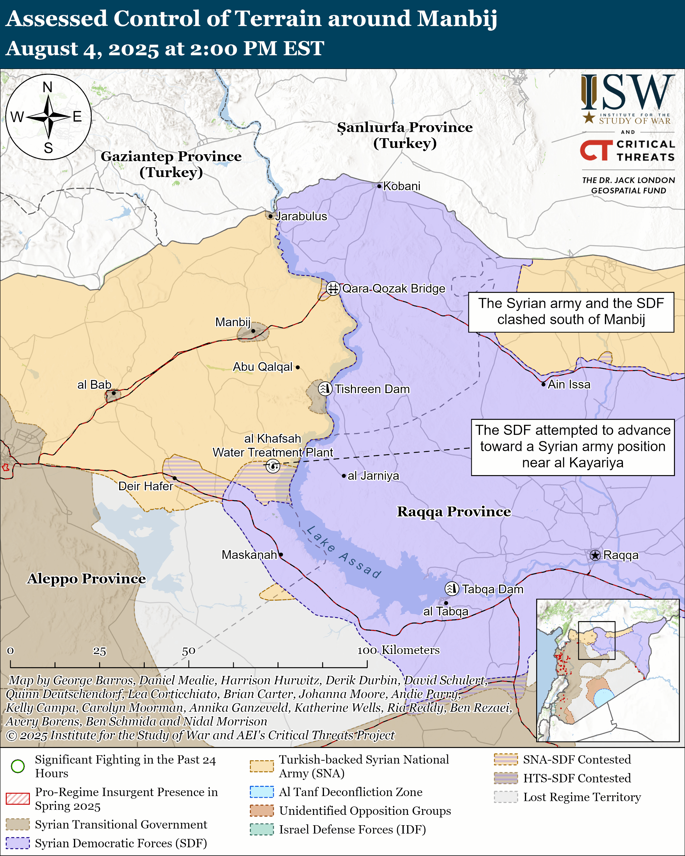 map depicting control of terrain around manbij, highlighting various groups and regions.