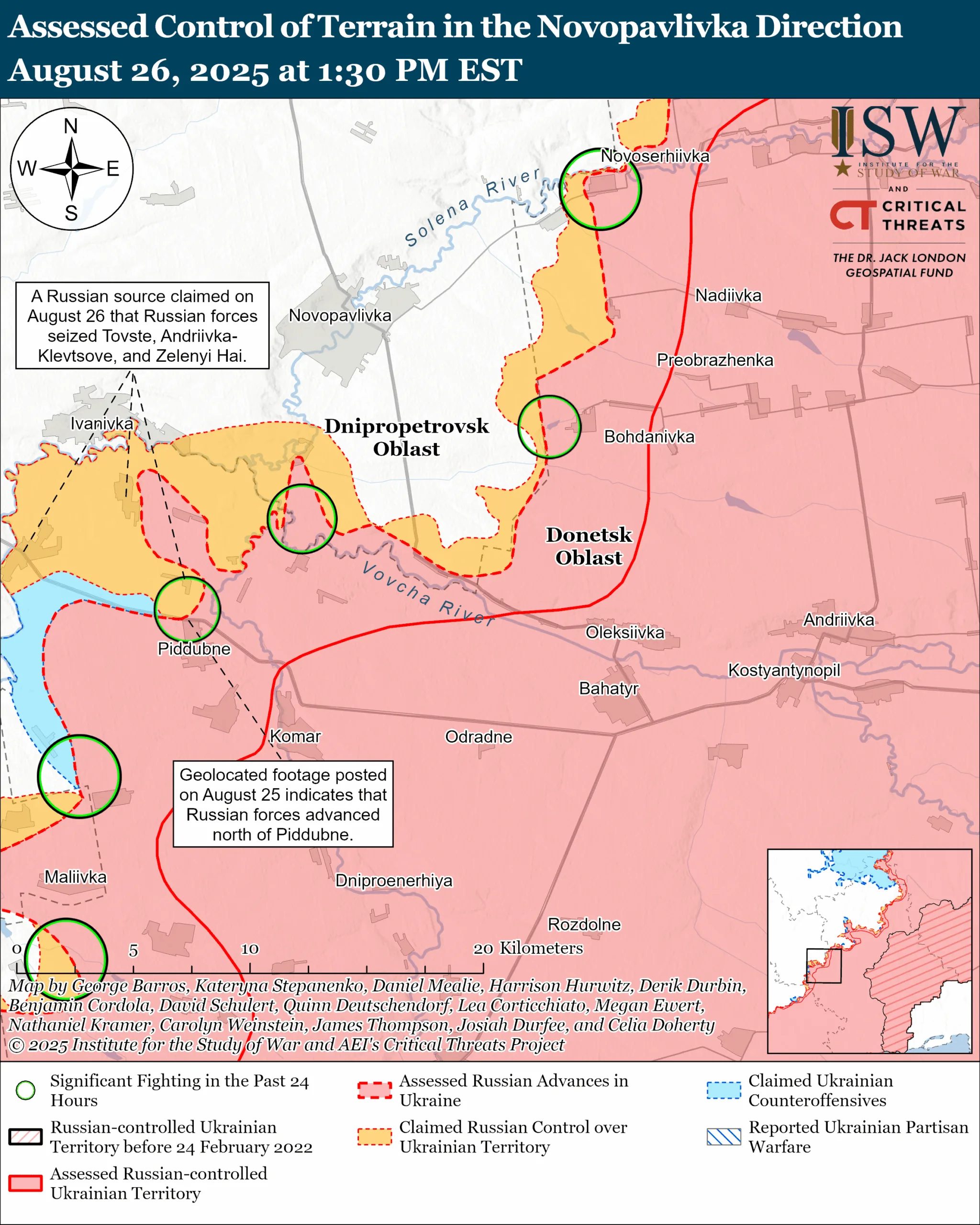 Assessed Control of Terrain in the Novopavlivka Direction, August 26, 2025