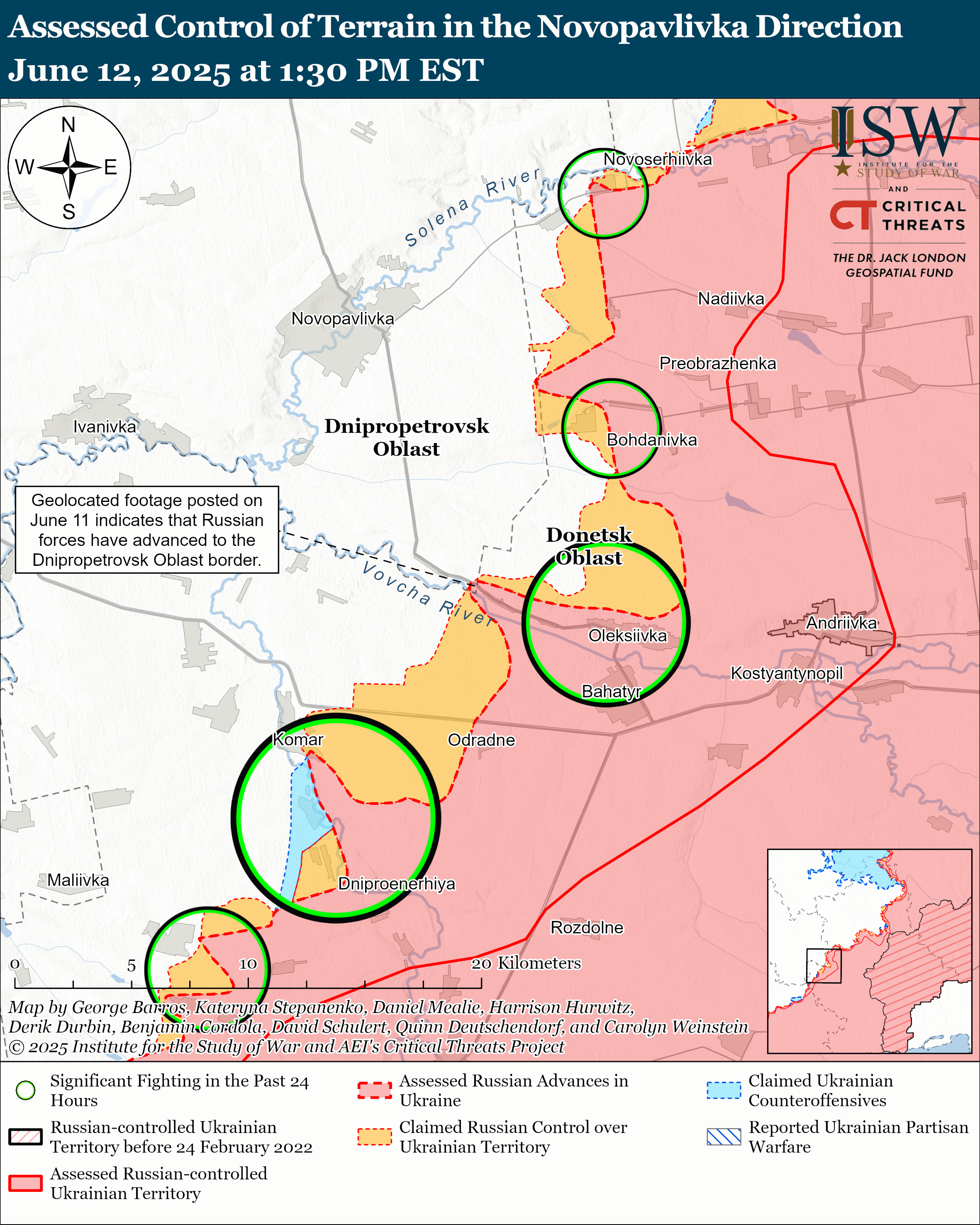 a map showing assessed control of terrain in the novopavlivka direction with highlighted areas of significant fighting, russian advances, and ukrainian counteroffensives.