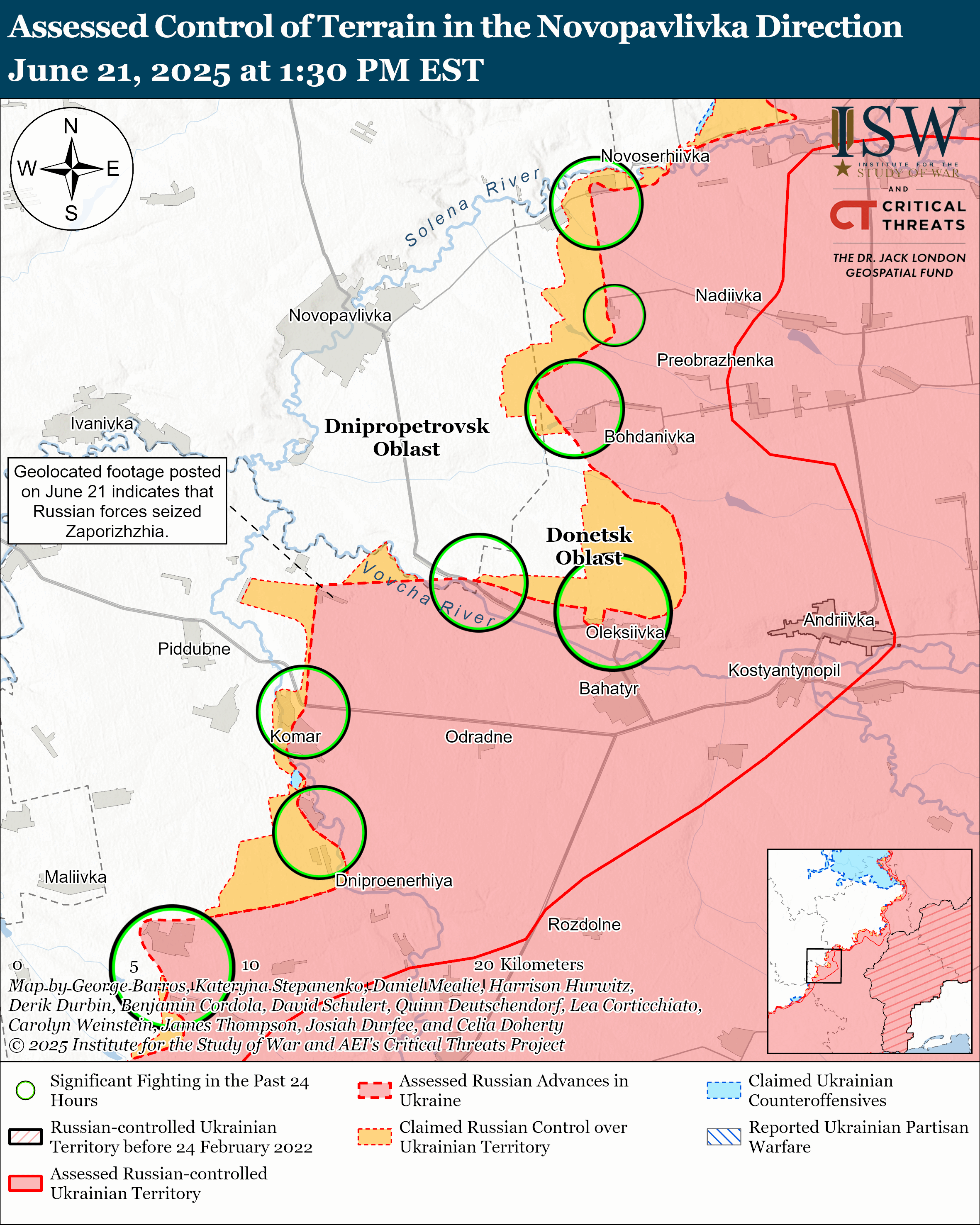 this is a map showing the assessed control of terrain in the novopavlivka direction, highlighting significant fighting, russian advances, and ukrainian counteroffensives.