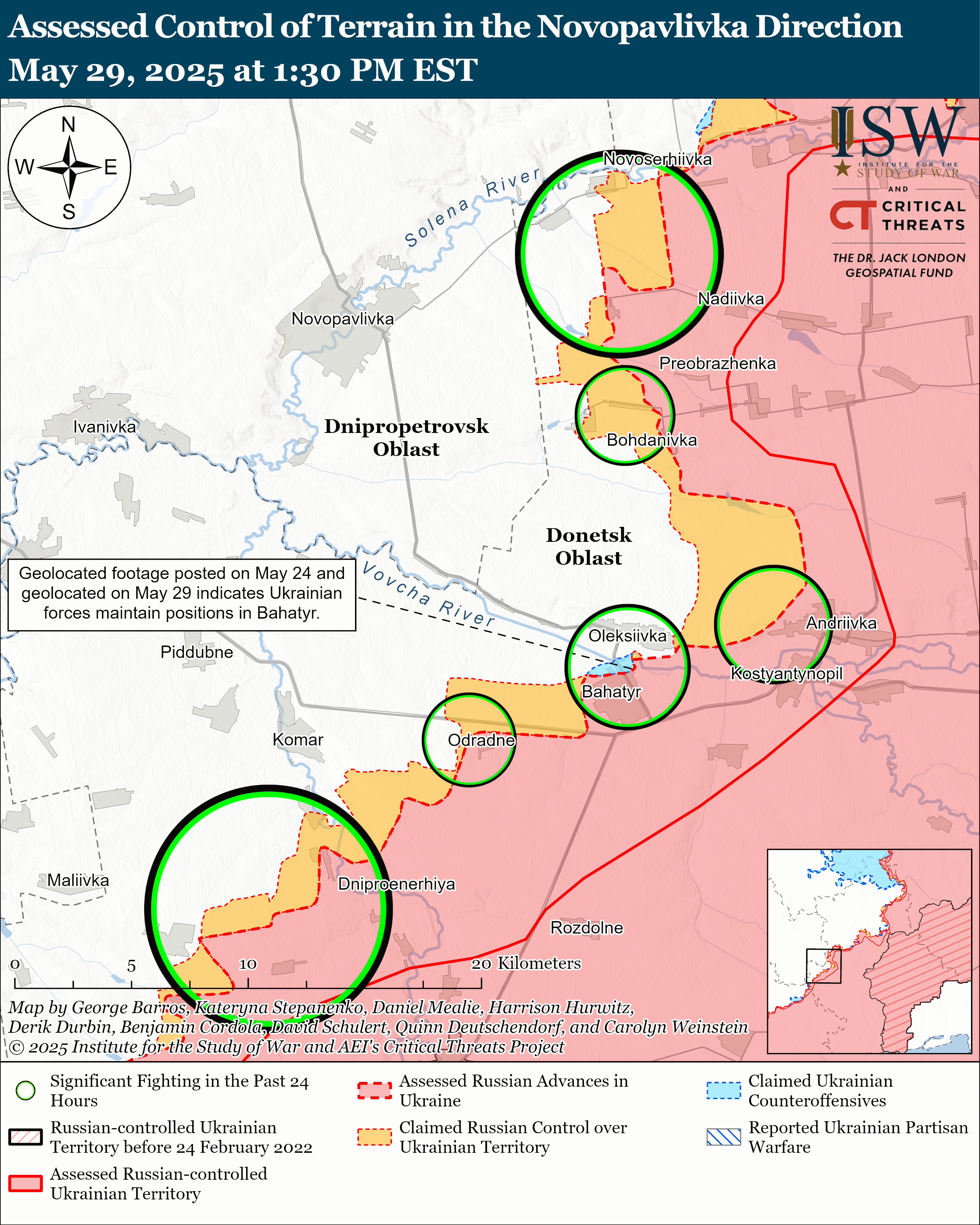 a map depicting control of terrain in the novopavlivka direction with markers for significant fighting and territorial claims.