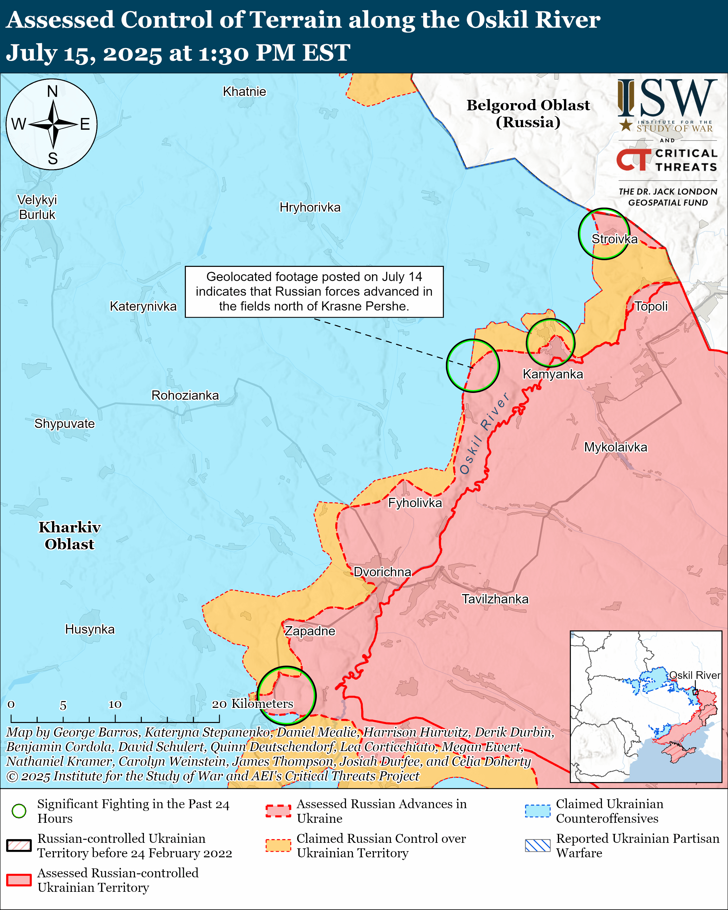 a map showing assessed control of terrain and military advancements near the oskil river, highlighting russian and ukrainian controlled territories.
