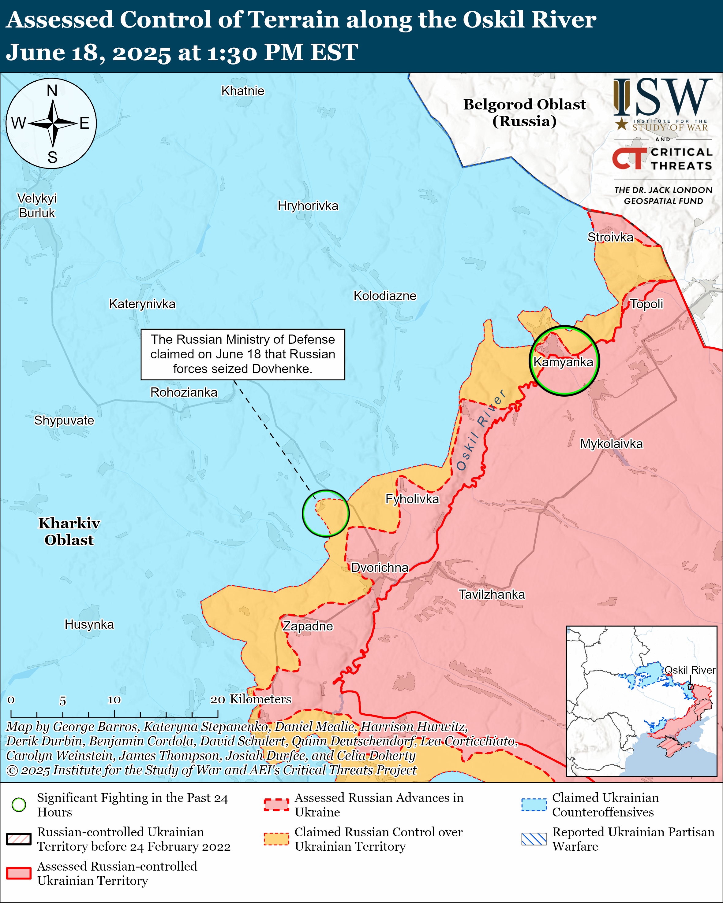 map showing the control of terrain along the oskil river with various regions marked for claimed control, assessed advances, and counteroffensives.