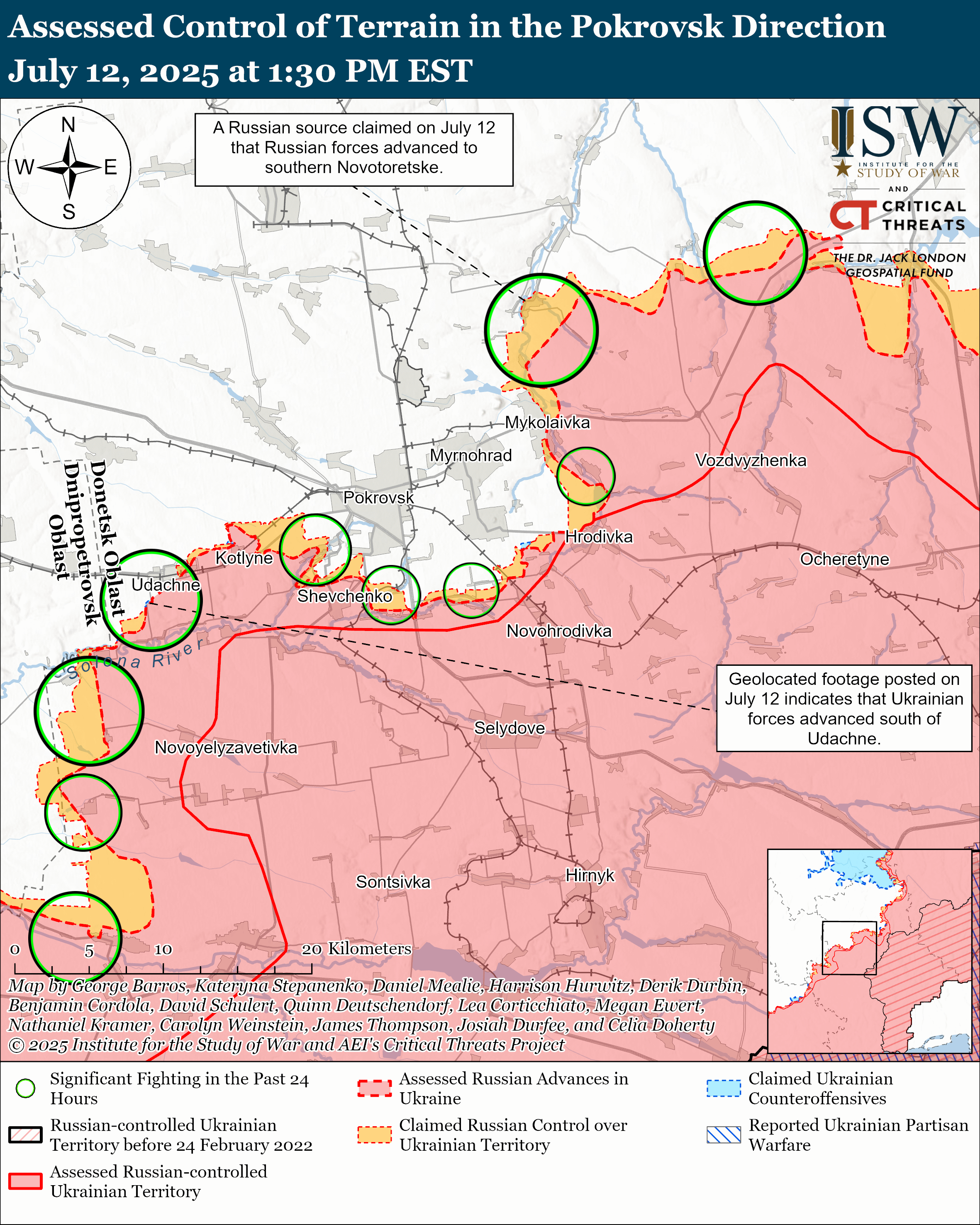 the map shows assessed control of terrain, highlighting russian and ukrainian territories, with significant fighting marked.